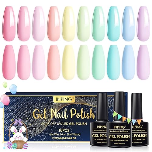INPING Gel Nail Polish, 10 Colors Spring Summer Pastel Gel Polishes, Pink Yellow Blue Green Purple Macaroon Candy Nail Varnish Set Soak Off UV/LED for Women DIY Nail Art at Home, Beauty Set - Pastel
