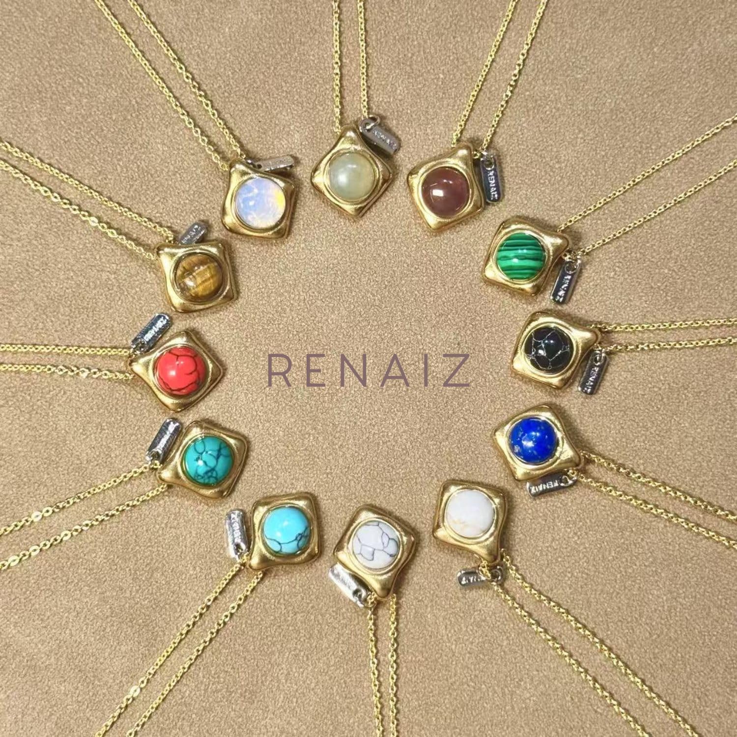 Renaiz 18K Gold Plated Natural Gemstone Pendant Necklace - Amethyst, Turquoise, Tiger Eye, Multicolor Crystal, Hypoallergenic, Adjustable Chain, Boho Chic Trendy Gift - Image 5
