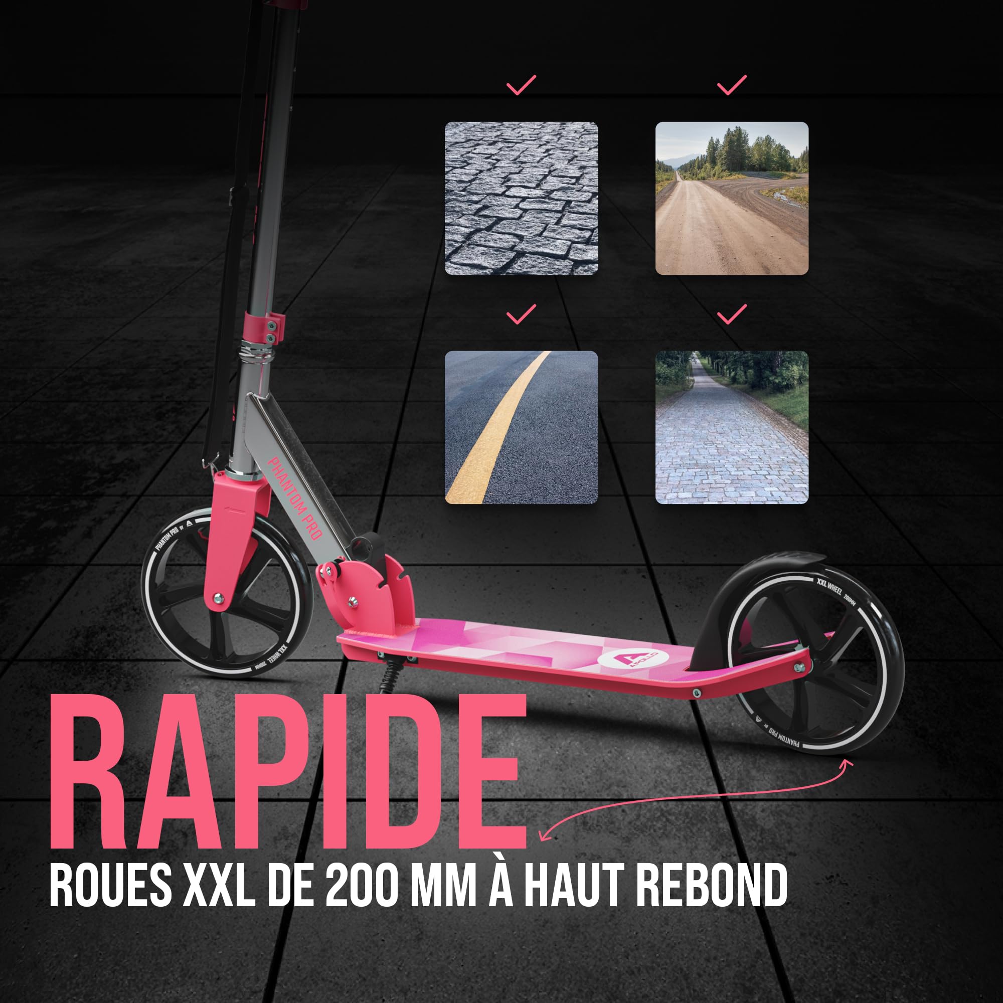 Apollo Trotinette aux Roues XXL - 200mm - Trotinette Freestyle de Ville Phantom Pro - City Scooter Pliable et à Hauteur Ajustable pour Adultes et Enfants