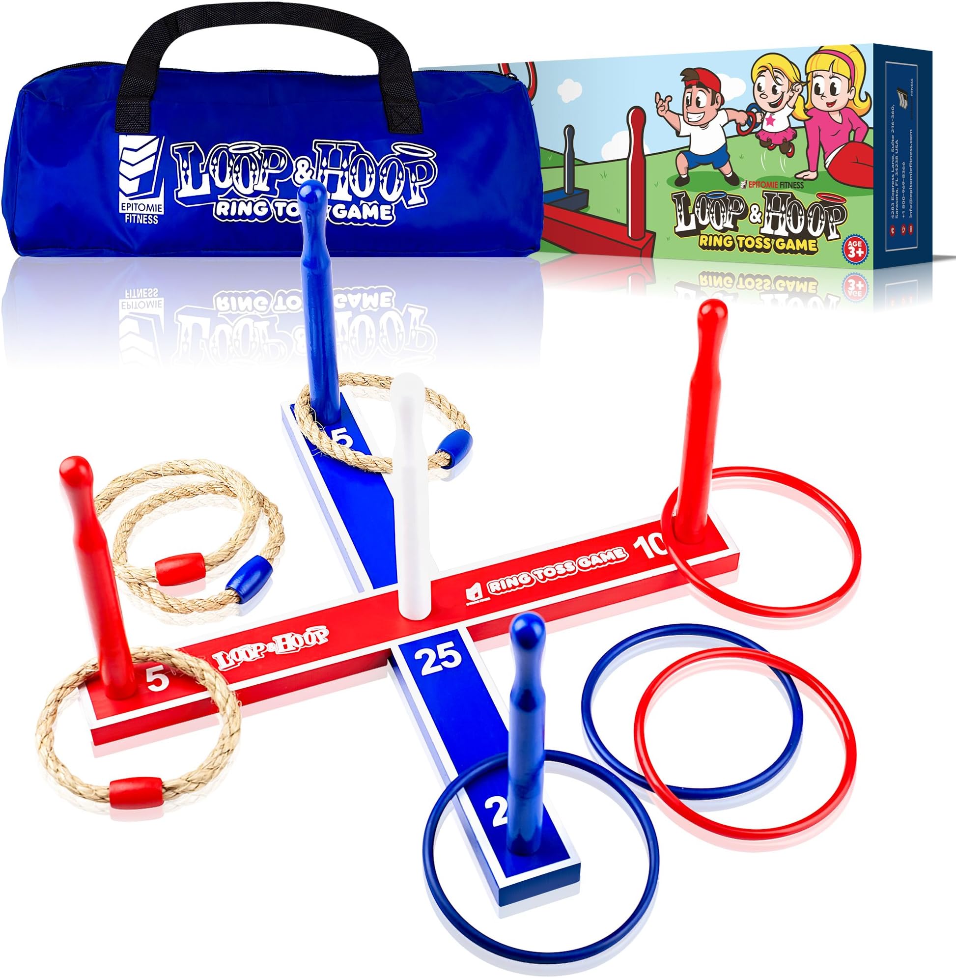 Epitomie Fitness Loop & Hoop Ring Toss Game (Premium) - Ring Toss Games Set with 4 Quoits Rope Rings, 4 Plastic Rings & Carry Bag (Indoor & Outdoor Family Fun)