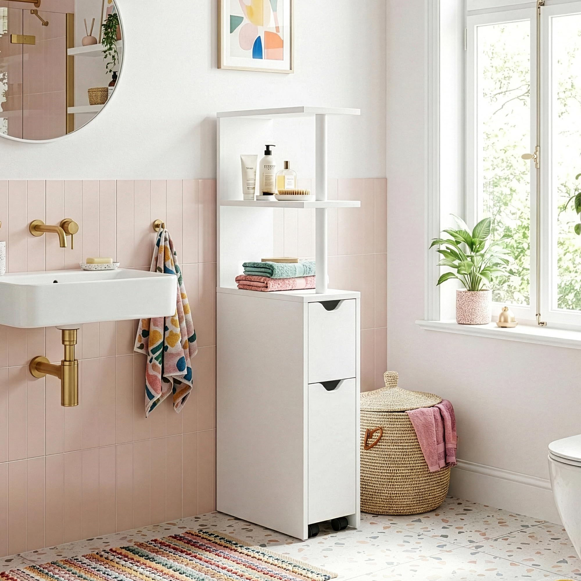 [en.casa] Scaffale da Bagno a 3 Ripiani Aperti Cassetto e Scomparto Chiuso Estraibile Mobile Contenitore Stretto con Vani Porta Oggetti per Cucina Cameretta 113 x 19 x 45 cm - Bianco