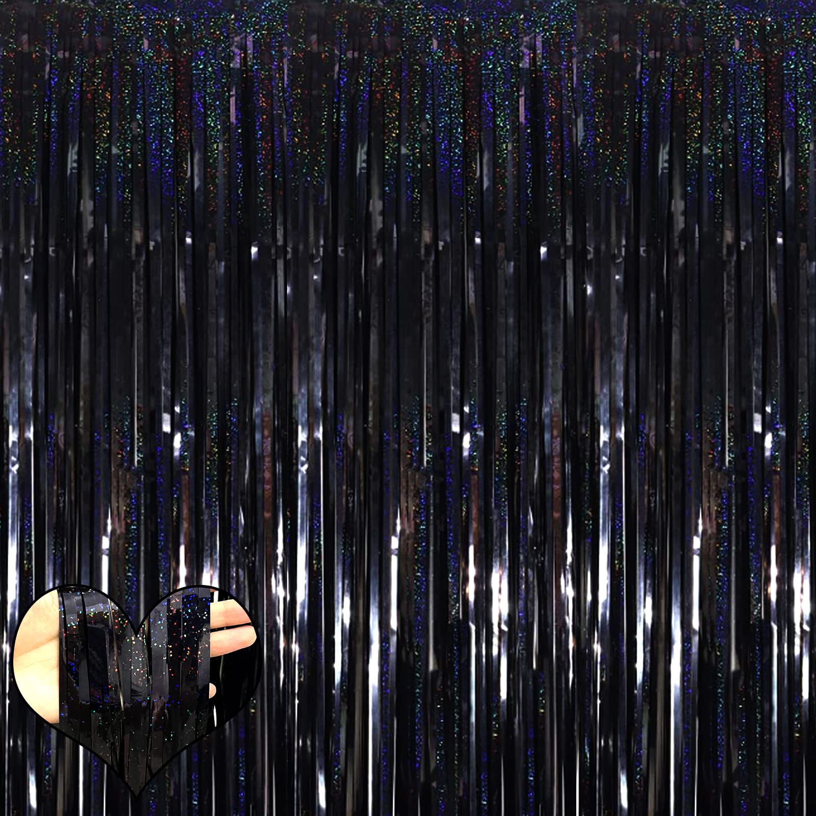 4 Pack New Black Fringe Curtain Backdrop, 3.2Ft x 8.2Ft Sparkle Metallic Tinsel Foil Fringe Streamers Background for Photo Booth Birthday Wedding Baby