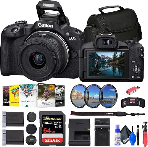 Canon Cámara sin espejo EOS R50 con lente de 0.709-1.772 in (negro) (5811C012) + tarjeta de 64 GB + kit de filtro + software fotográfico Corel +