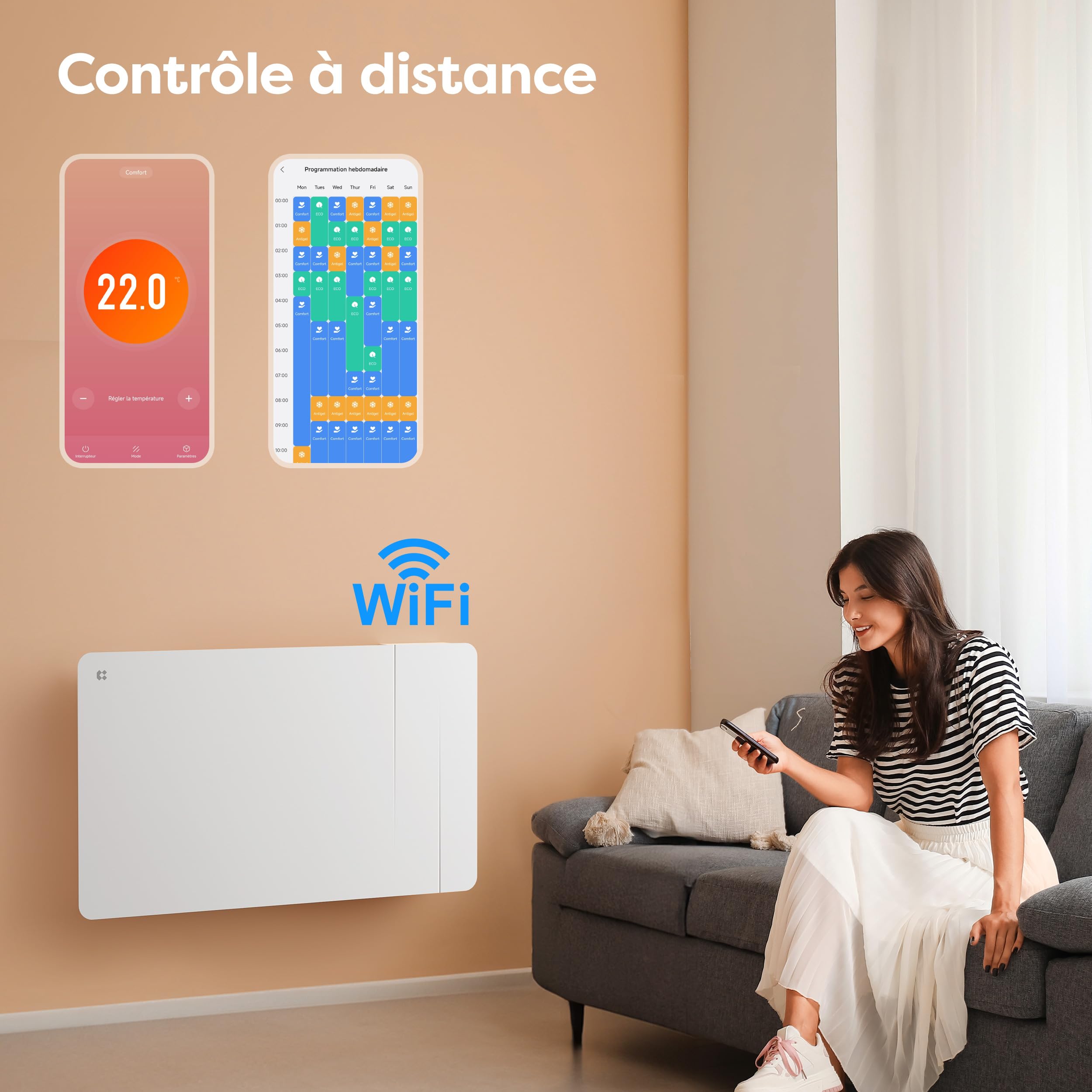 CIARRA Radiateur Céramique et Film Chauffant 1500W - WiFi Chauffage Mural Intelligent PID pour Salon/Salle de Bain (10-20㎡) - Chaleur Homogène - Anti-Gel - CBHTD15A-W