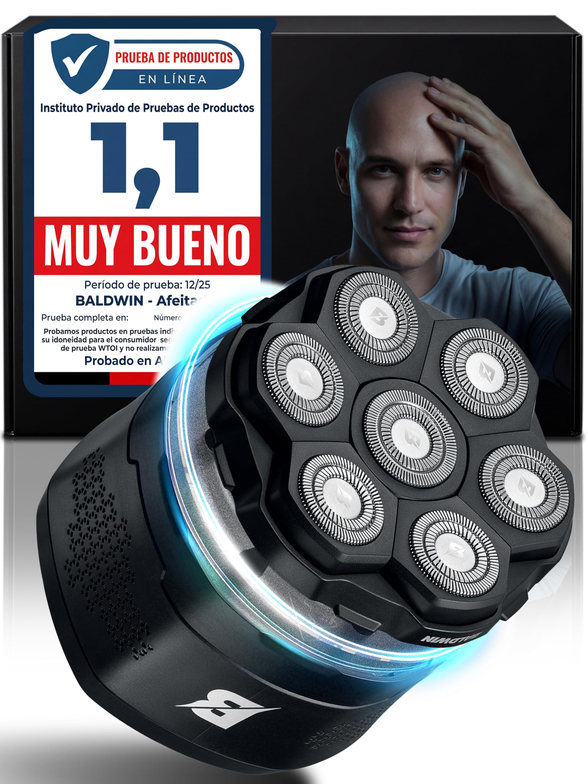 BALDWIN Afeitadora de Cabeza Hombre – Afeitadora Eléctrica Hombre 7D con Cabezal Magnético | Head Shaver para Cabeza Calva | Skull Shaver | Uso en Seco y Mojado, Impermeable, Máquina de Afeitar Cabeza