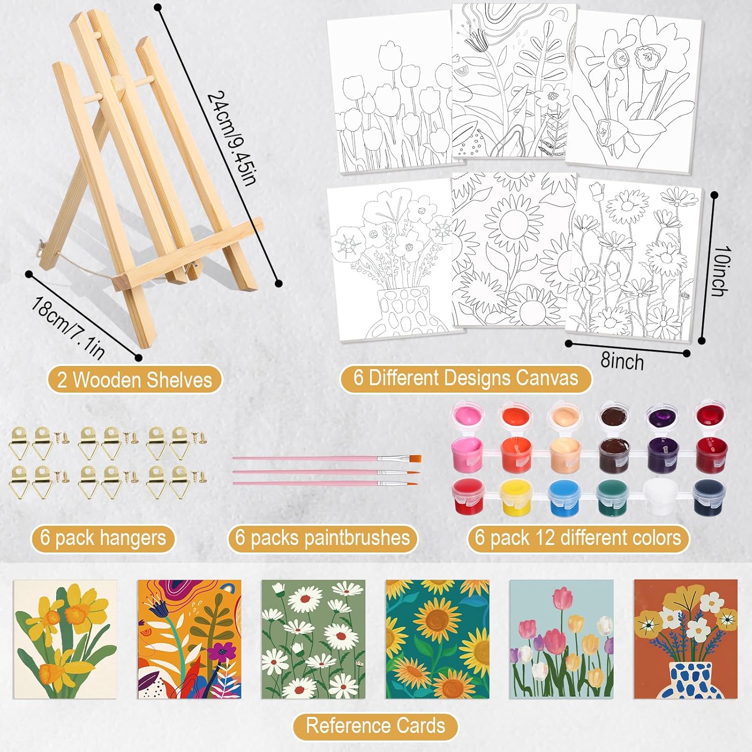 Engrowtic 57 Pcs 6 Set Flower Sip and Paint Kit for Adults 8'' x 10'' Pre Drawn Canvas Set for Painting DIY Craft Pre Printed Canvas Painting Favor Wood Easel Brushes Date Night Birthday Gifts Bulk