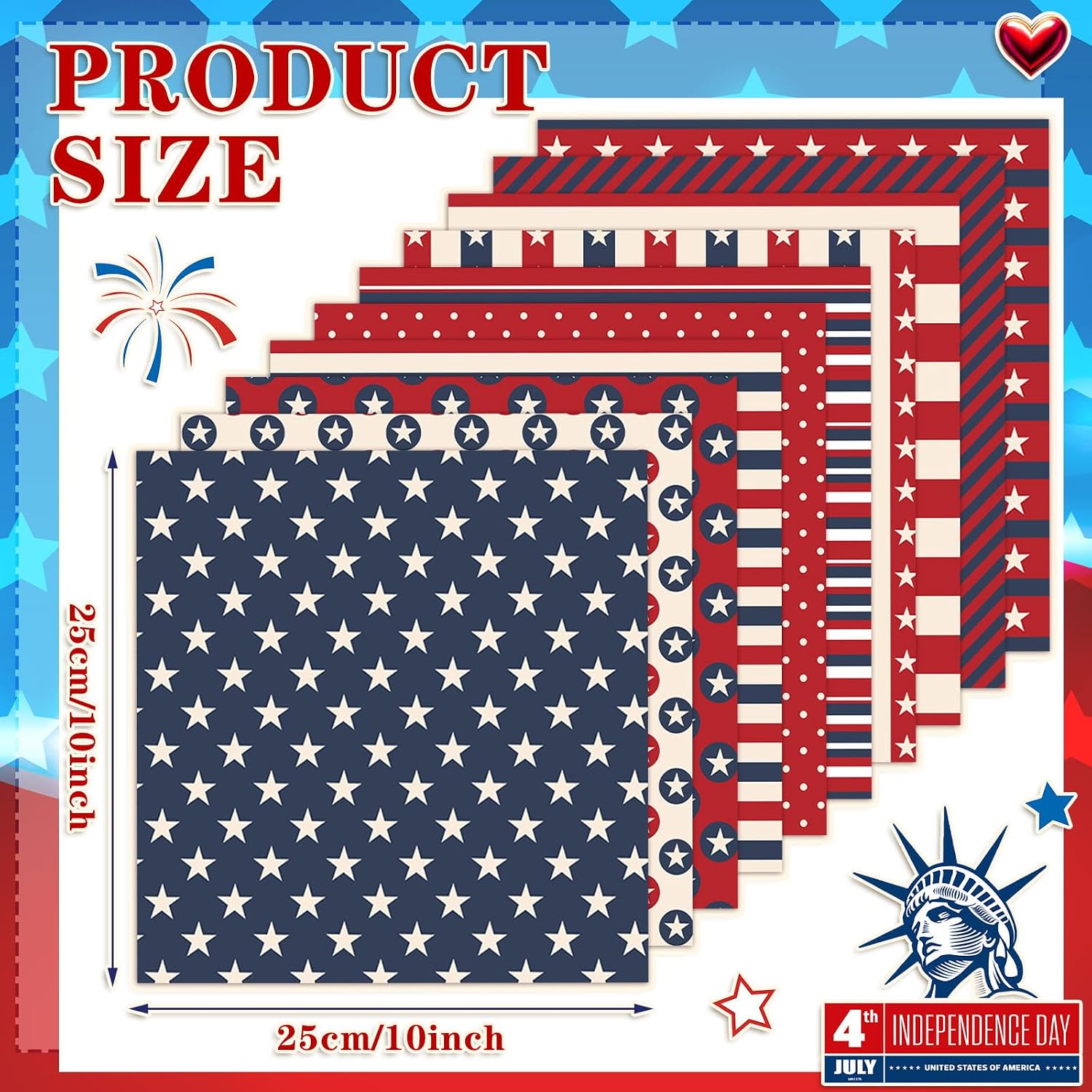 HunnmingRe 20 Pcs 10x10'' Patriotic Quilting Fabric Square Red White Blue Precut Fabric Bundle 4th of July USA Flag Star Patchwork Material for Memorial Day Sewing DIY Craft 250 Anniversary Supplies