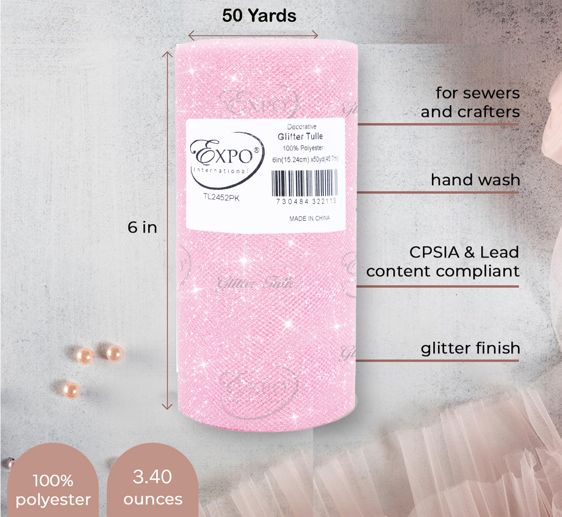 Expo International Decorative Fancy Foil Polka Dot Tulle, Roll/Spool of 6” X 50 Yards, Lightweight Polyester Tulle Fabric for Wedding, Floral, or Party Decorations, Easy-to-Use, Black/Silver