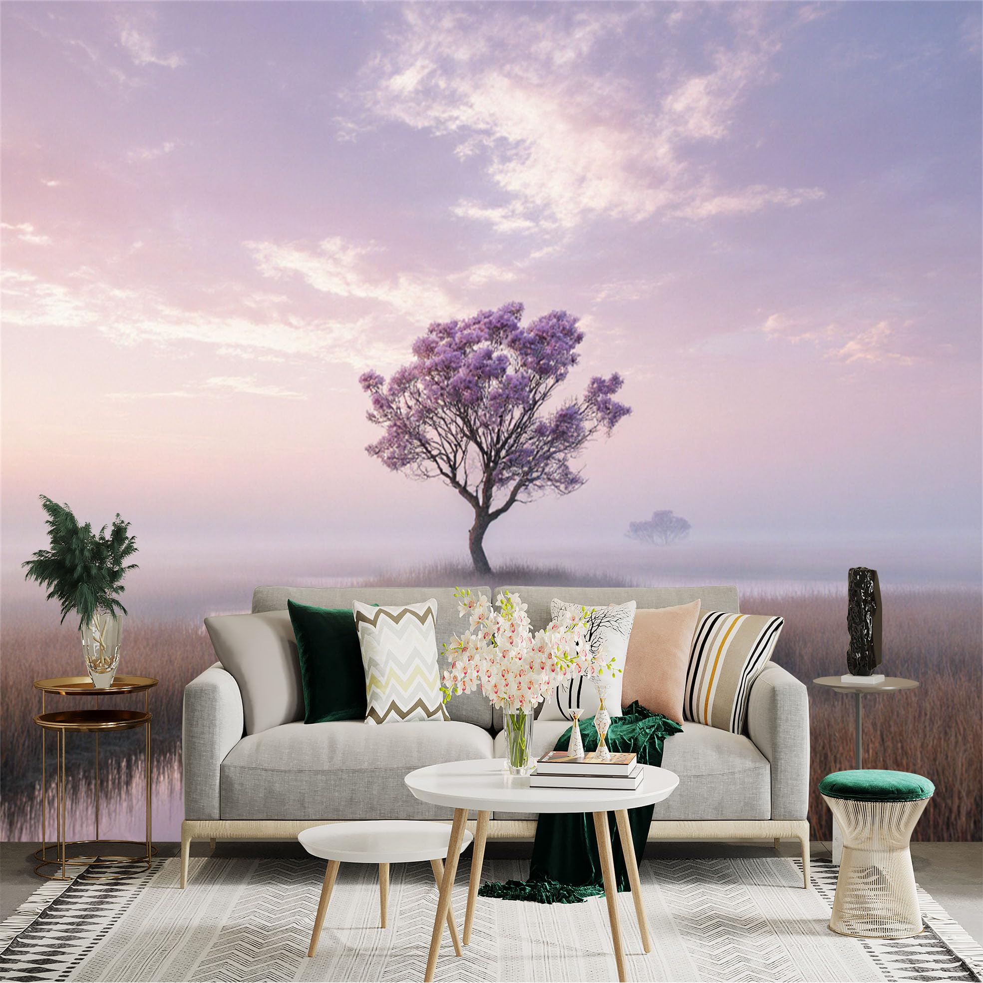 Custom Size Wall Sticker Mural， Purple Tree with Reflection in Misty Lake and Sunrise Sky， for wall Decoration， peelandstick wall Decals.