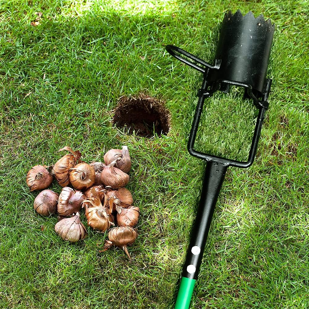 Blumenzwiebel-Pflanzgefäß mit langem Griff, Garten-Werkzeug zum Graben, Erdeproben, Umpflanzen, Blumenpflanzen, 5-in-1-Rasen-Werkzeug erleichtert das Bepflanzen