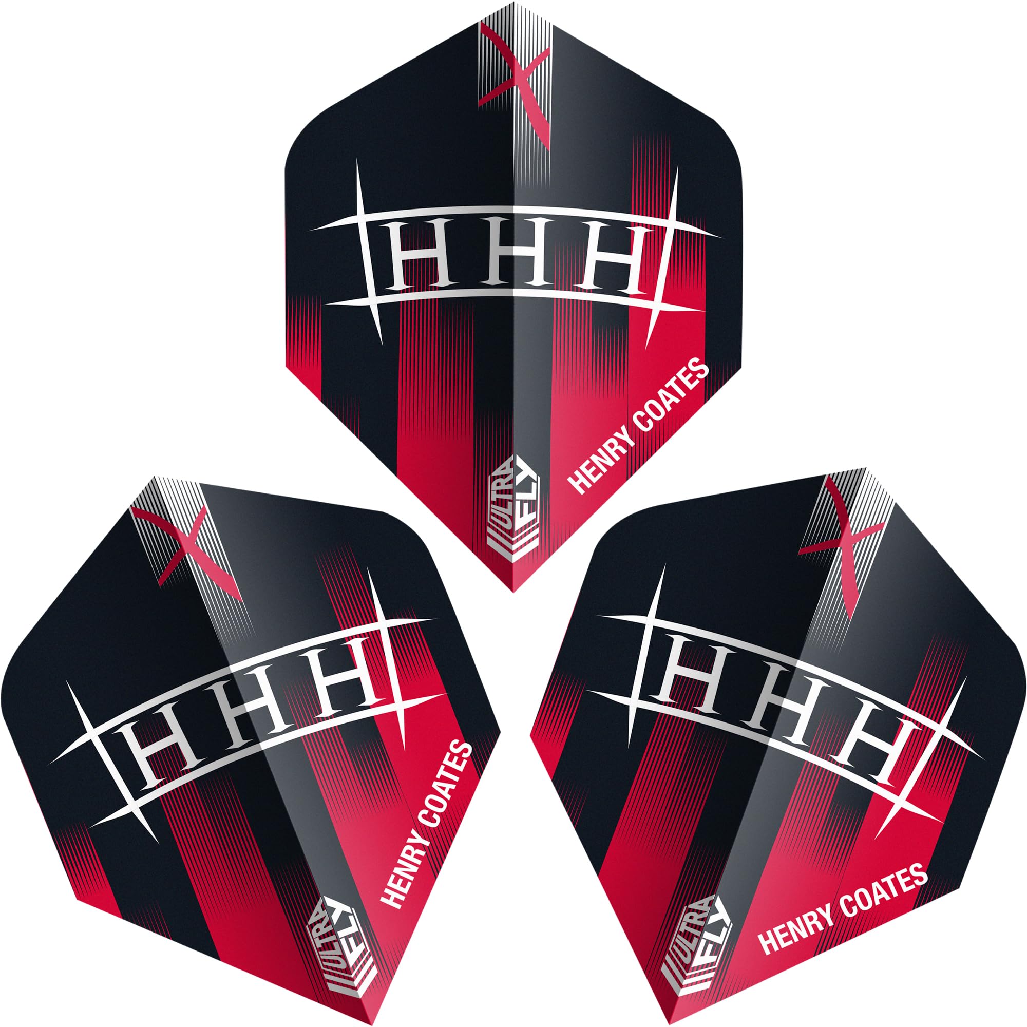 Unicorn Ultrafly Henry Coates | Darts Flights | Stylised HHH Logo Design Red Black & White | Standard Plus Shape | Durable 100 Micron Polyester PET | Set of 3