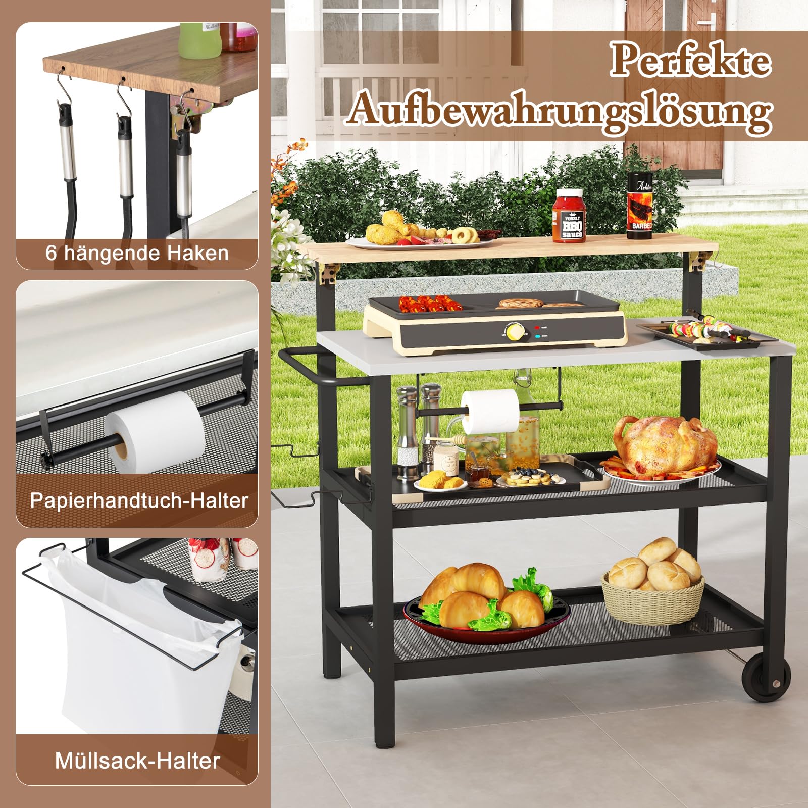 COSTWAY Grillwagen Outdoor, Grilltisch mit aufklappbarem Tisch, 6 Hakens, Müllbeutelhalter & 2 Rollen, bis 230 kg, Campingtisch Metall, Servierwagen für Garten Terrasse, 116 x 73 x 111 cm
