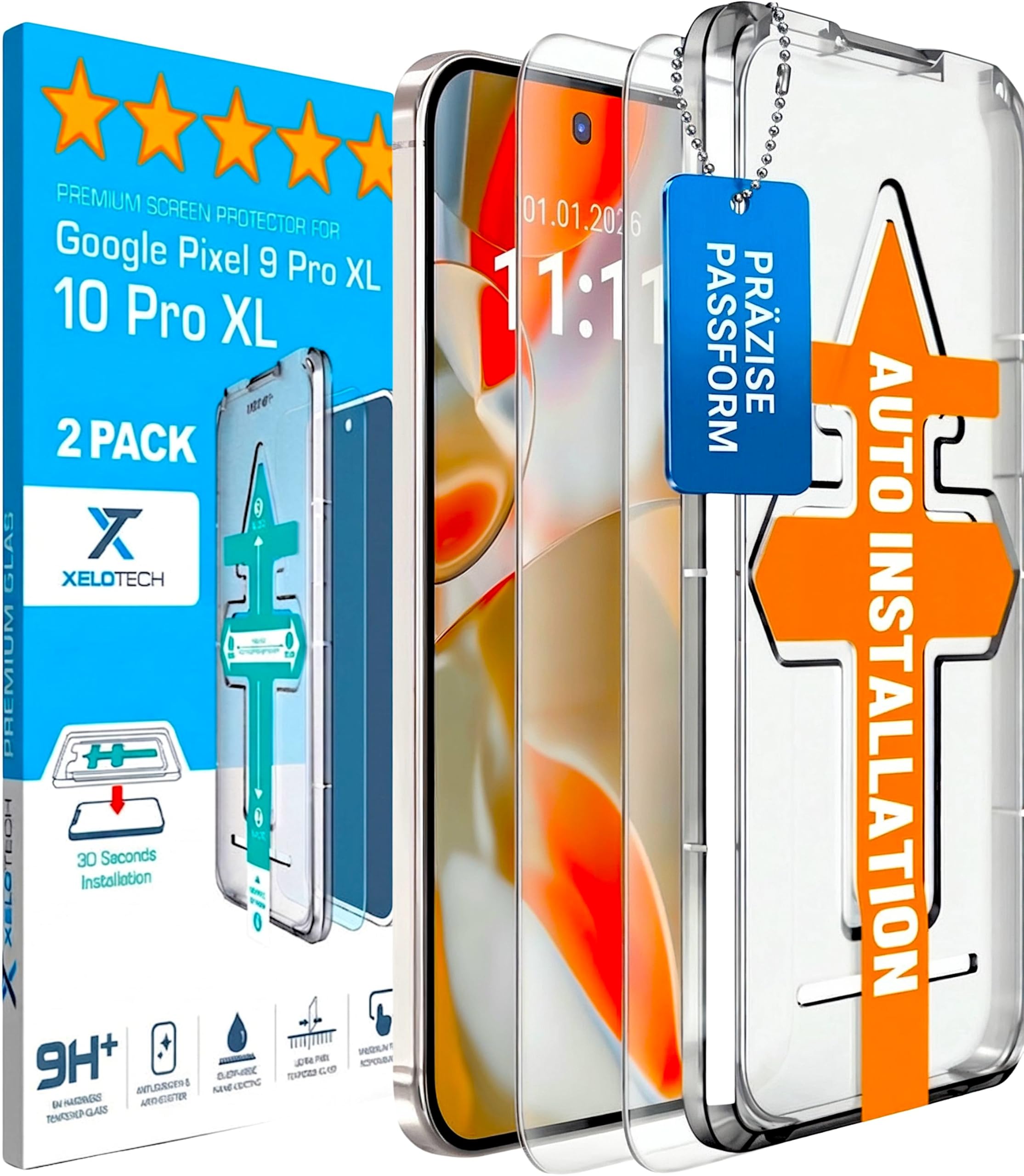 XeloTech für Google Pixel 10 Pro XL, 9 Pro XL aus Panzerglas 9H+ Härte - 2 Gläser mit Schablone zur Installation