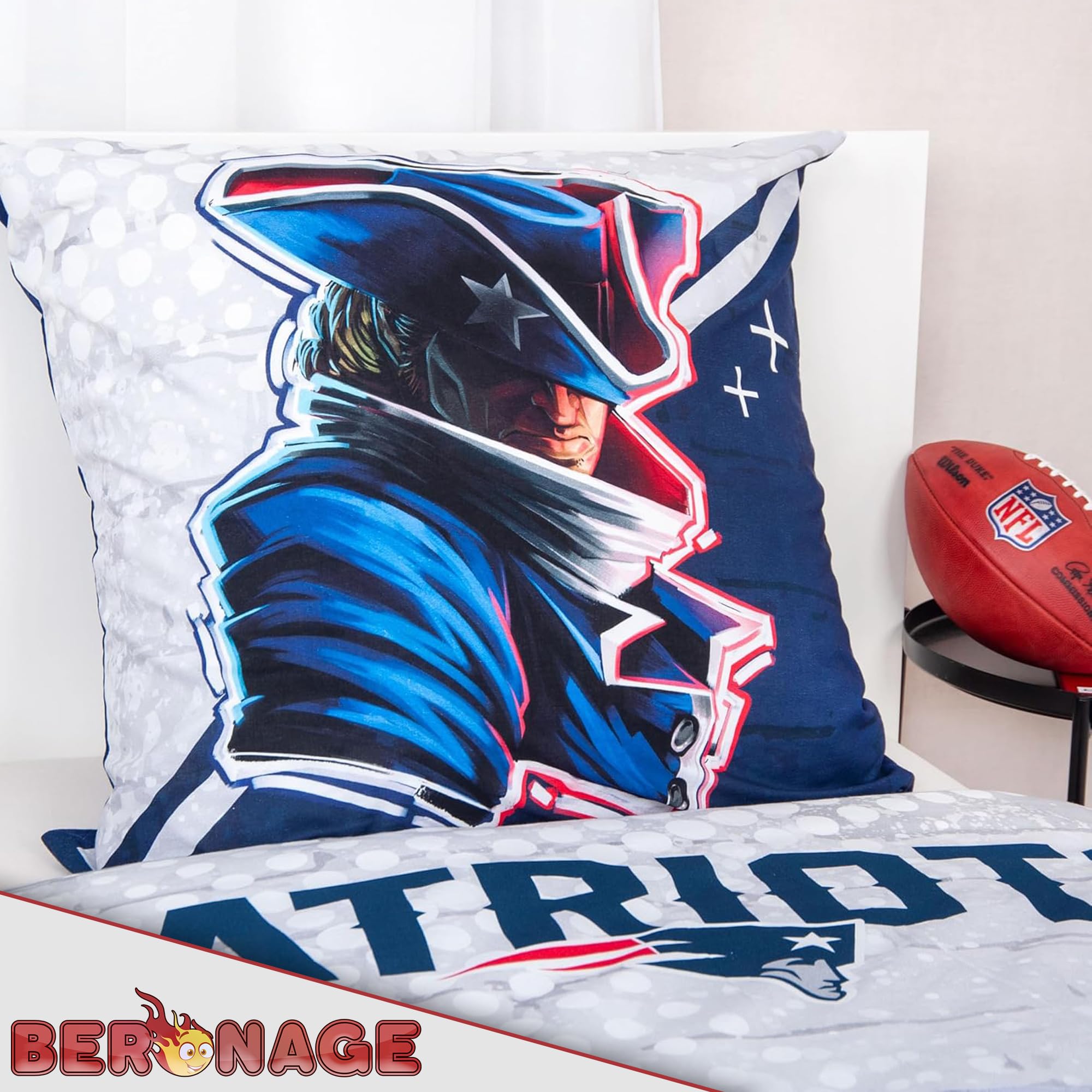 NFL New England Patriots Go Pats komplet pościeli 135 x 200 cm + 80 x 80 cm, 100% bawełna, Renforcé Linon, zestaw dwustronnej pościeli YKK, zamek błyskawiczny YKK