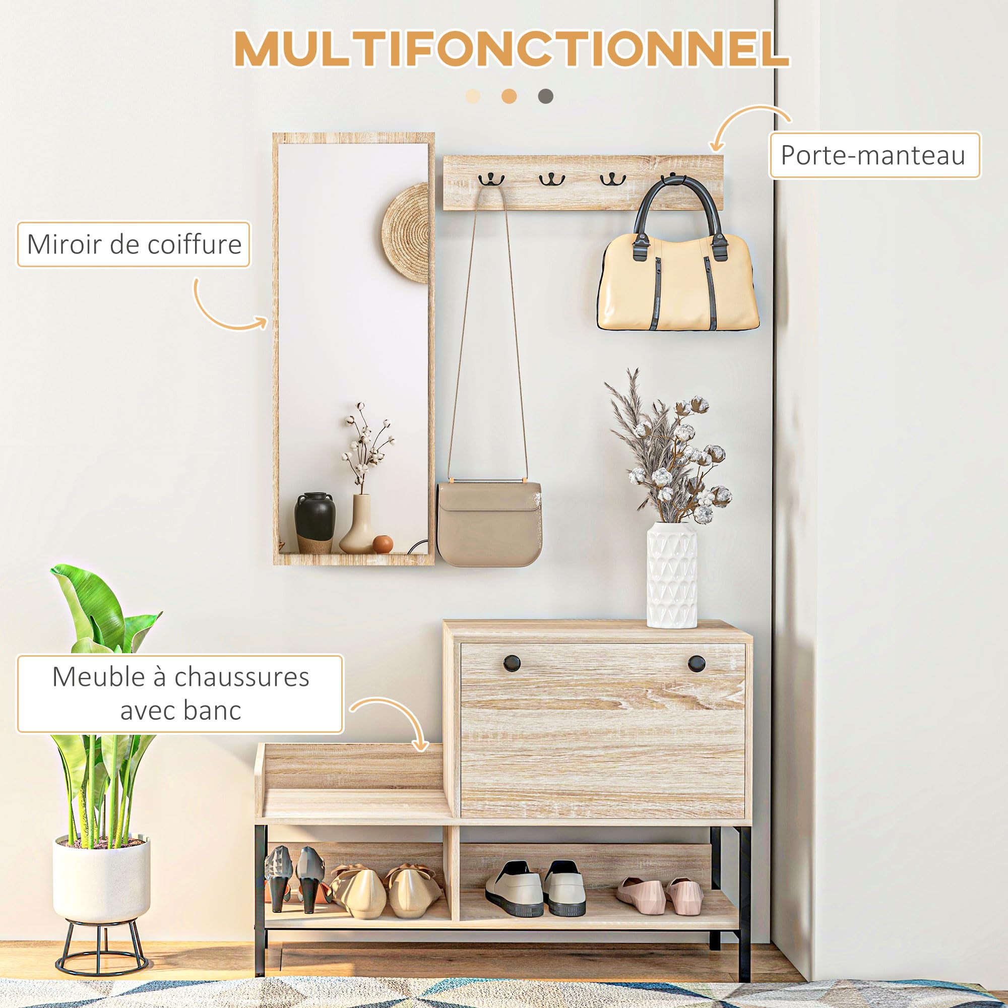 HOMCOM Ensemble 3 en 1 Meuble d'entrée vestiaire Design Contemporain Meuble Chaussures, Miroir et Panneau Porte-Manteau Acier Noir