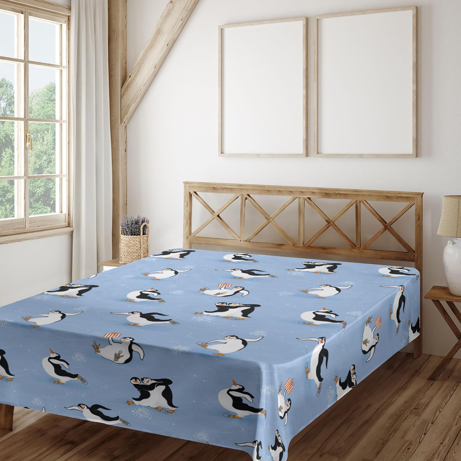 Ambesonne Cartoon Animal Flat Sheet, Skating Funny Penguins Fun Activity Cheerful Smiling Mascots Couple, Soft and Comfortable Top Sheet Decorative Bedding 1 Piece, Full Size, Multicolor