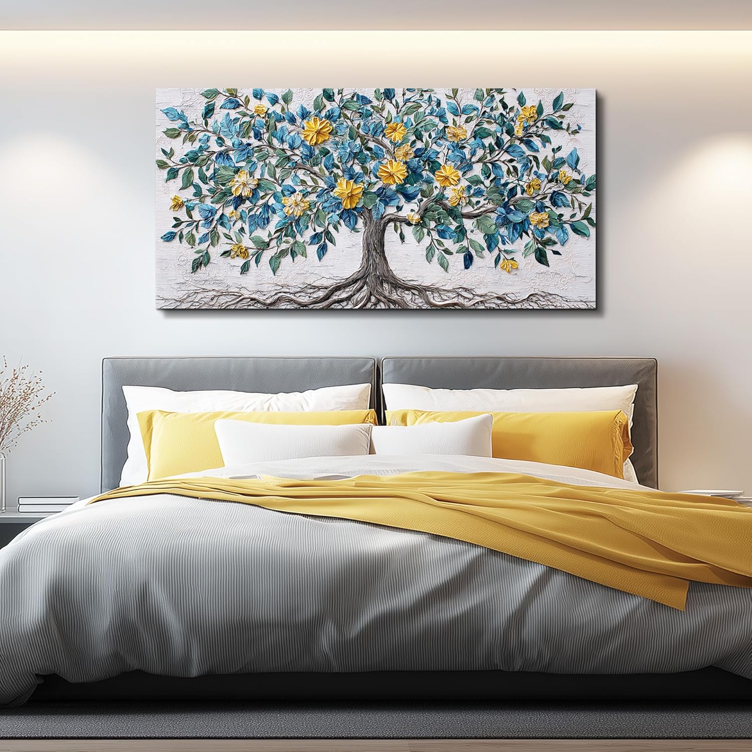 JUDASJART Canvas Wall Art For Living Room Wall Decor For Bedroom Office Wall Decoration Blue Green Leaf Yellow Flower Tree Landscape Painting Artwork Room Aesthetic Home Decor 20x40 In
