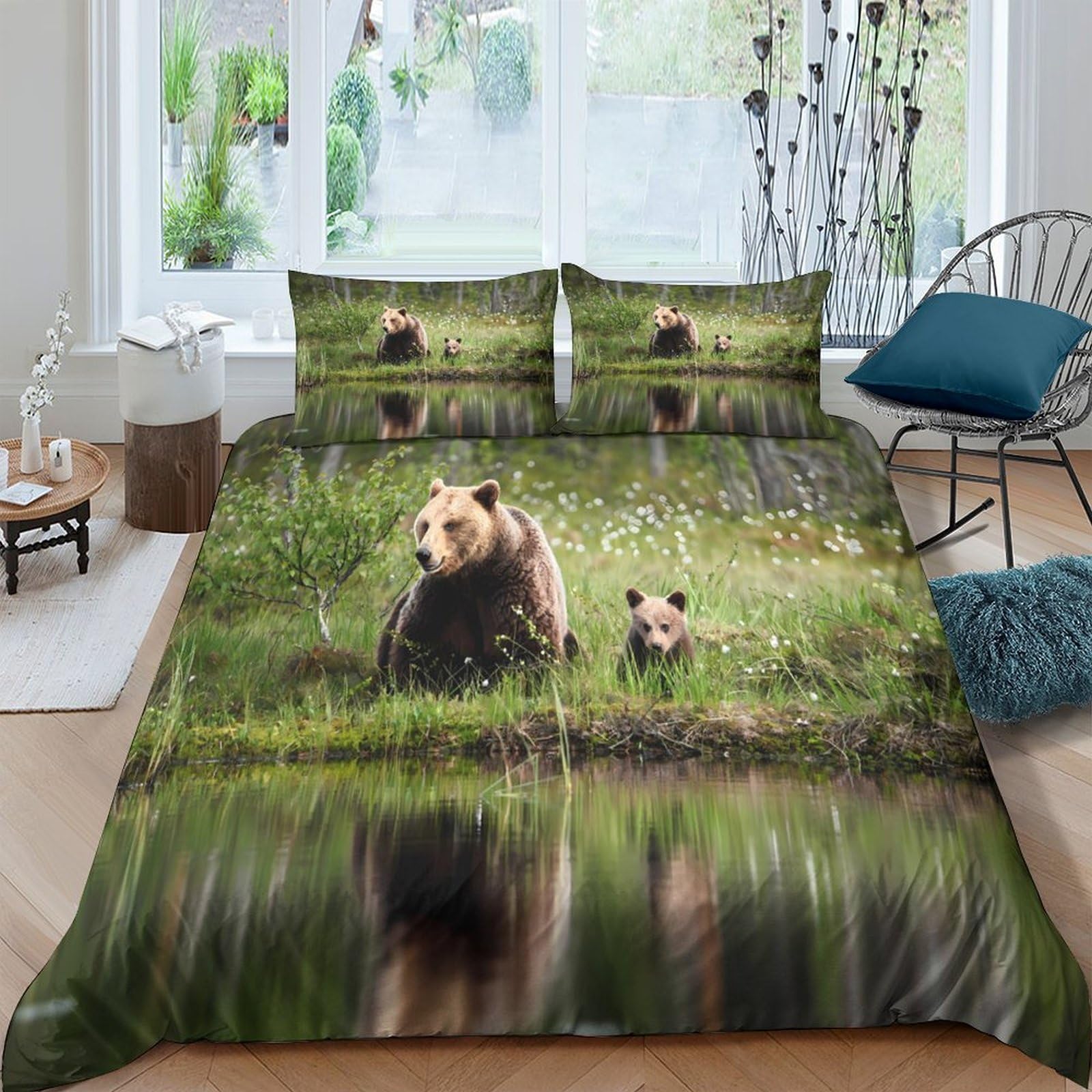 Ctjqhvkz Style-6 3D Printed Brown Bear Family Fitted Sheet Microfiber Soft Easy Care Forest Reflection Mattress Cover For Bedroom Dorm Decor Single（135X200cm）