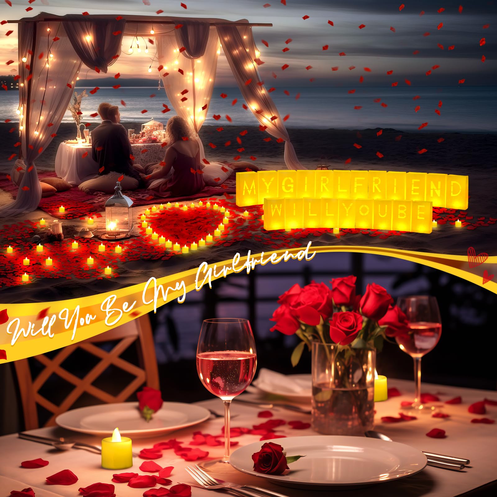 Aurelema 6093 Pcs Will You Be My Girlfriend Light up Letters with LED Flameless Tealight Candle Red Rose Petal Letter Luminary Paper Bag for Proposal Decoration Romantic Special Night Decor