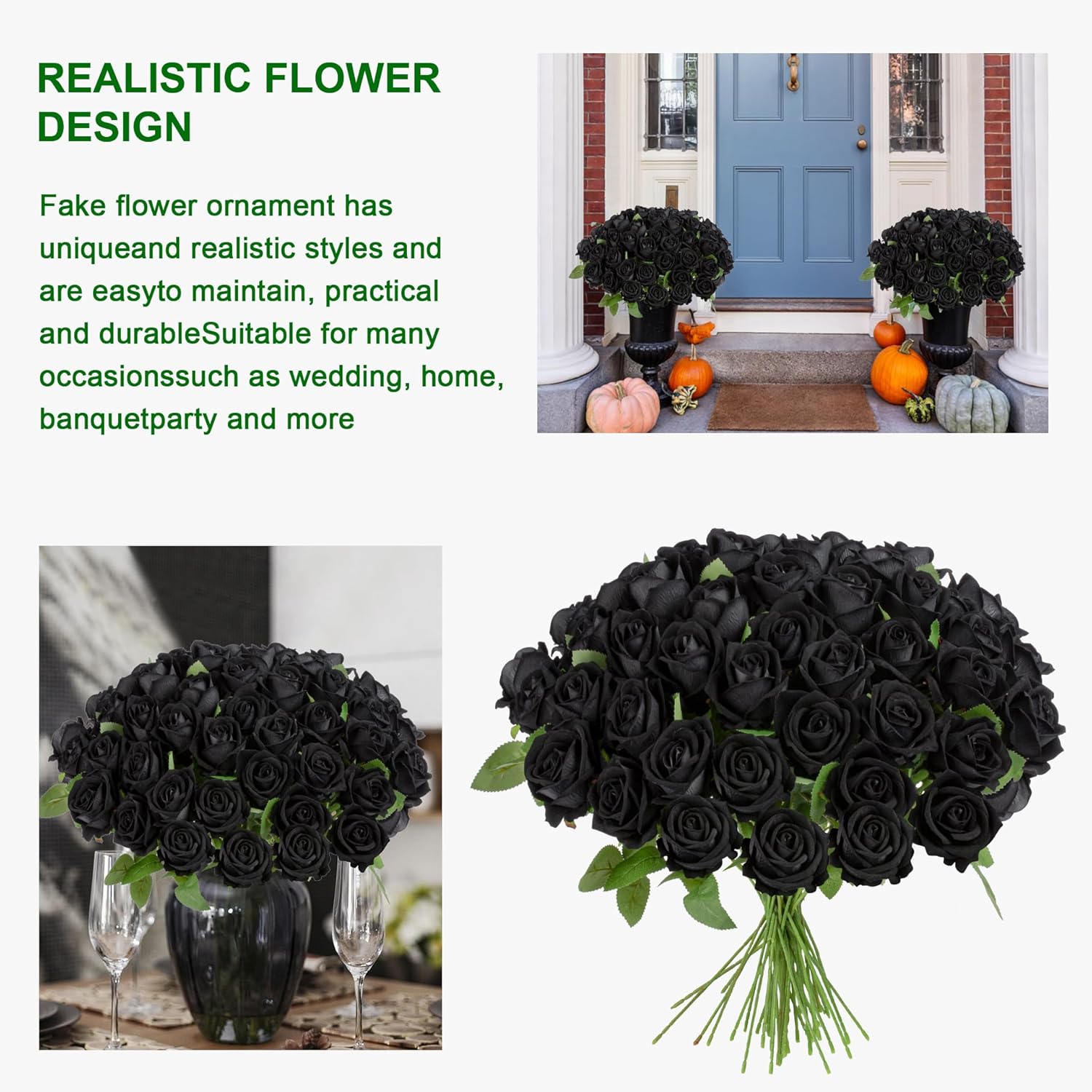 Artificial Flowers Roses Touch Fake Rose Bouquet Flower Stem for Wedding Centerpieces DIY Wreath Home Decorations Silk Roses Mothers Party Fake Outdoor Flowers Decor 19.6"(Black 50PCS)
