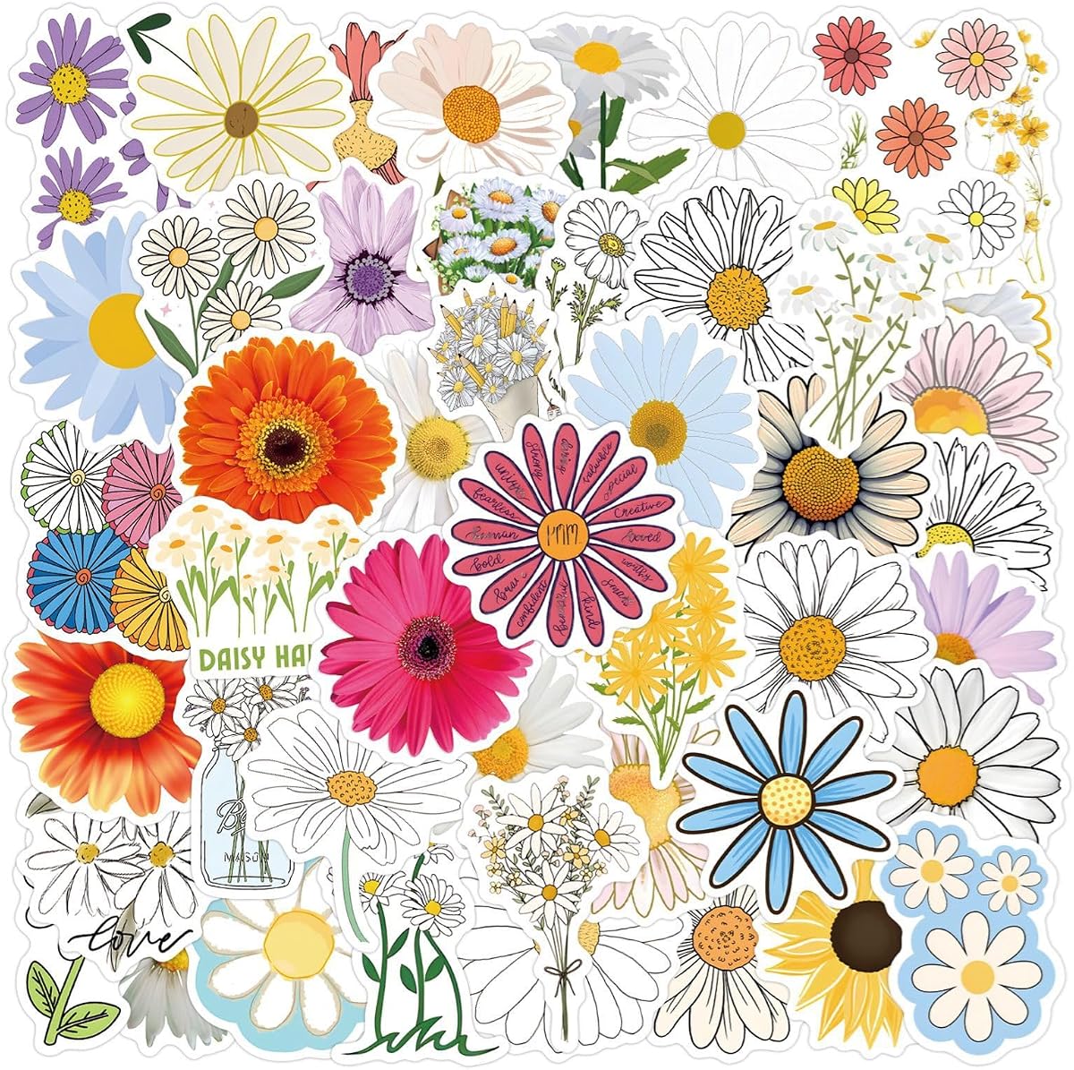 Cute Daisy Stickers 55PCS Beautiful Plants Waterproof Flower Stickers for Water Bottles Laptop Luggage Journaling, Party Rewards Waterproof Vinyl Decals for Kids Teens Adults (Colourful)