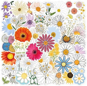 Cute Daisy Stickers 55PCS Beautiful Plants Waterproof Flower Stickers for Water Bottles Laptop Luggage Journaling, Party Rewards Waterproof Vinyl Decals for Kids Teens Adults Colourful