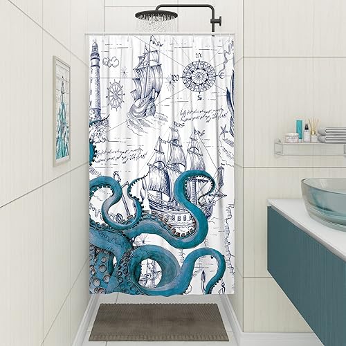 Miniatura 3 de DESIHOM Juego de cortina de ducha pequeña de pulpo náutico azul, divertidas cortinas de ducha estilo kraken de océano para baño, decoración de mapa