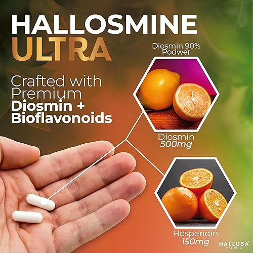 Miniatura 7 de Hallusa Natural Hallosmine Ultra Diosmin 500mg y Hesperidina 150mg  Piernas pesadas, hinchazón y vena  Suplementos para la circulación sanguínea, 60