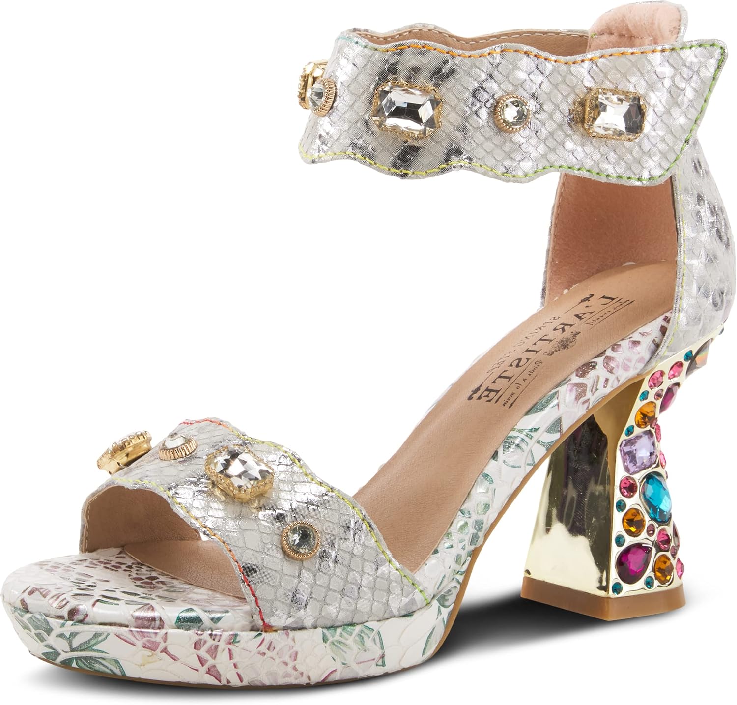 L'Artiste Jewell Women's Leather Sandals with Crystals, Strap, and Jewel Heel 7.5-8 Ice