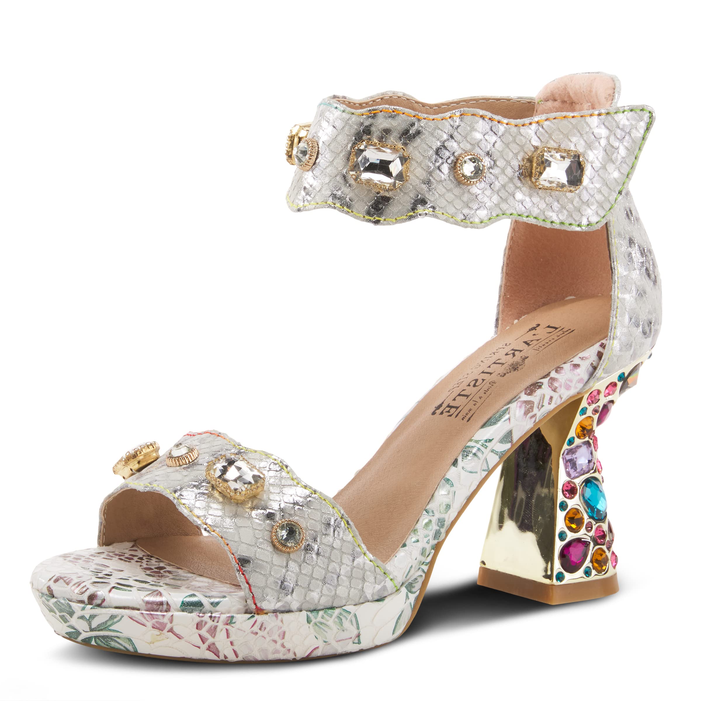 Spring Step L'ArtisteL'Artiste Jewell Women's Leather Sandals with Crystals, Strap, and Jewel Heel