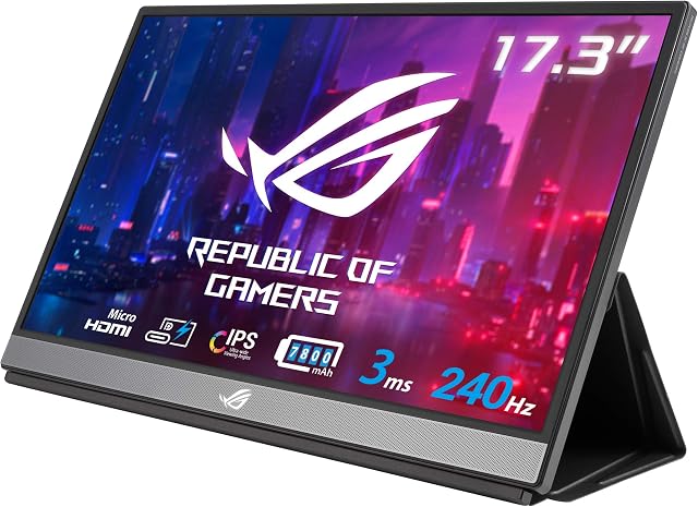 ASUS ROG Strix XG17AHPE Portable Gaming Monitor, 17.3 Inch, IPS, FHD (1920 x 1080), IPS, 240Hz, 3 ms, Non-Glare, USB-C, Micro-HDMI, Built-in Battery for Laptop Camera Console, Smart Case