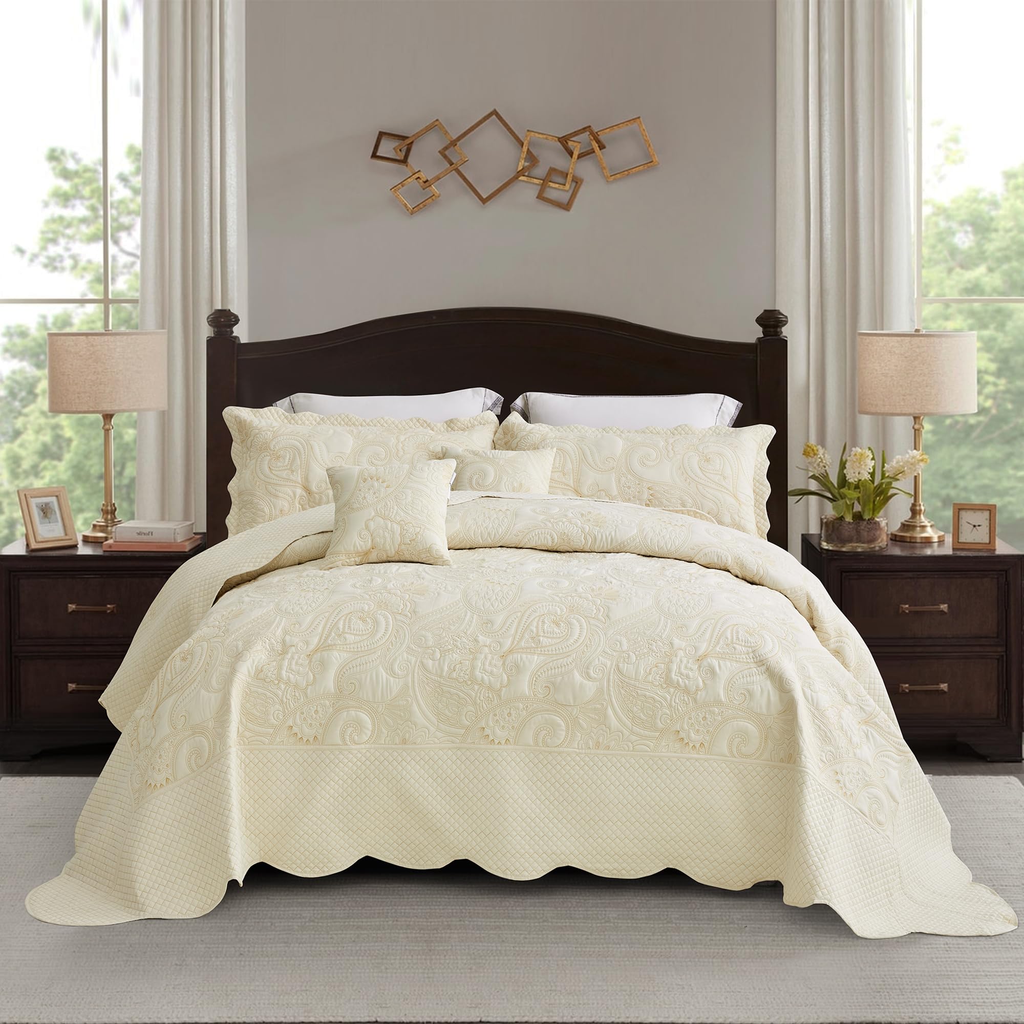 Oversized King Bedspreads, Stitched Paisley, Ivory Yellow