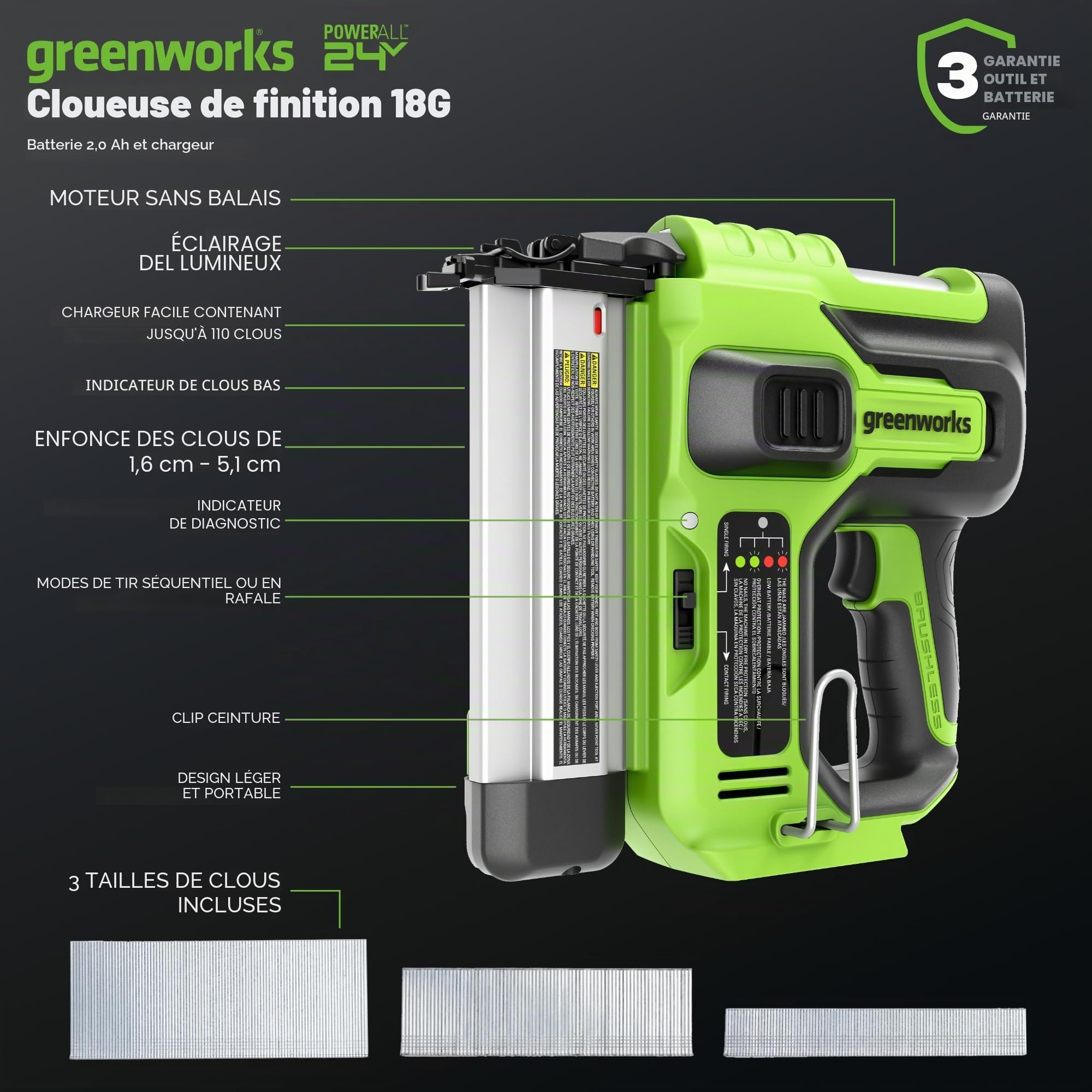 Greenworks Cloueuse Brad sans balais 24 V 18 GA - Agrafeuse sans fil, outil uniquement