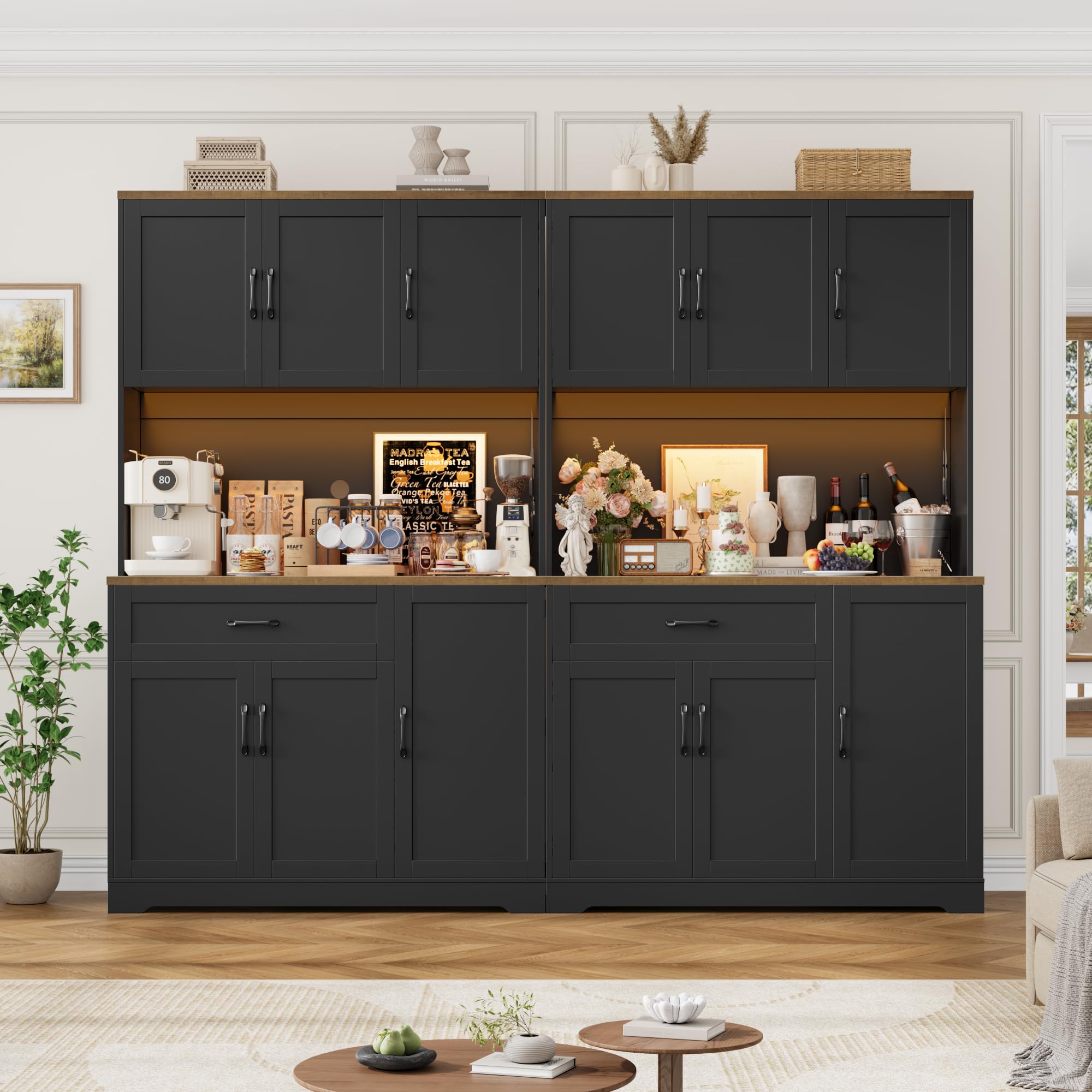 FirFurd Buffet 180cm Meuble Cuisine Rangement avec LED/Multiprises Noir | 180.5x100x38.6cm, Vaisselier meuble de cuisine avec étagère à épices et réglables, grand tiroir, Pour salle à manger, salon