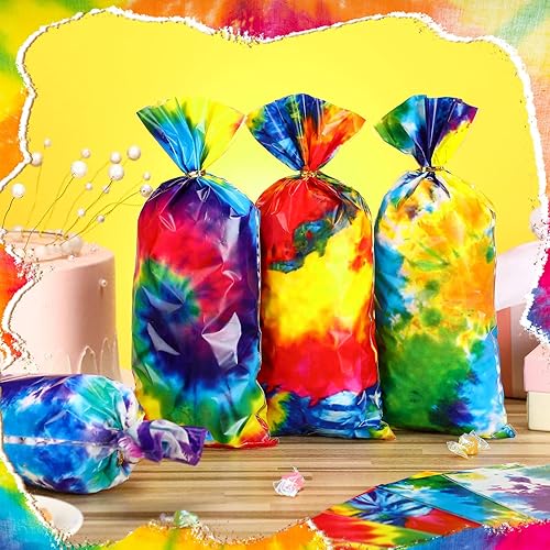 Miniatura 6 de 120 bolsas de regalo de fiesta de teñido anudado con temática de teñido anudado, bolsa de plástico para dulces con 150 lazos dorados para
