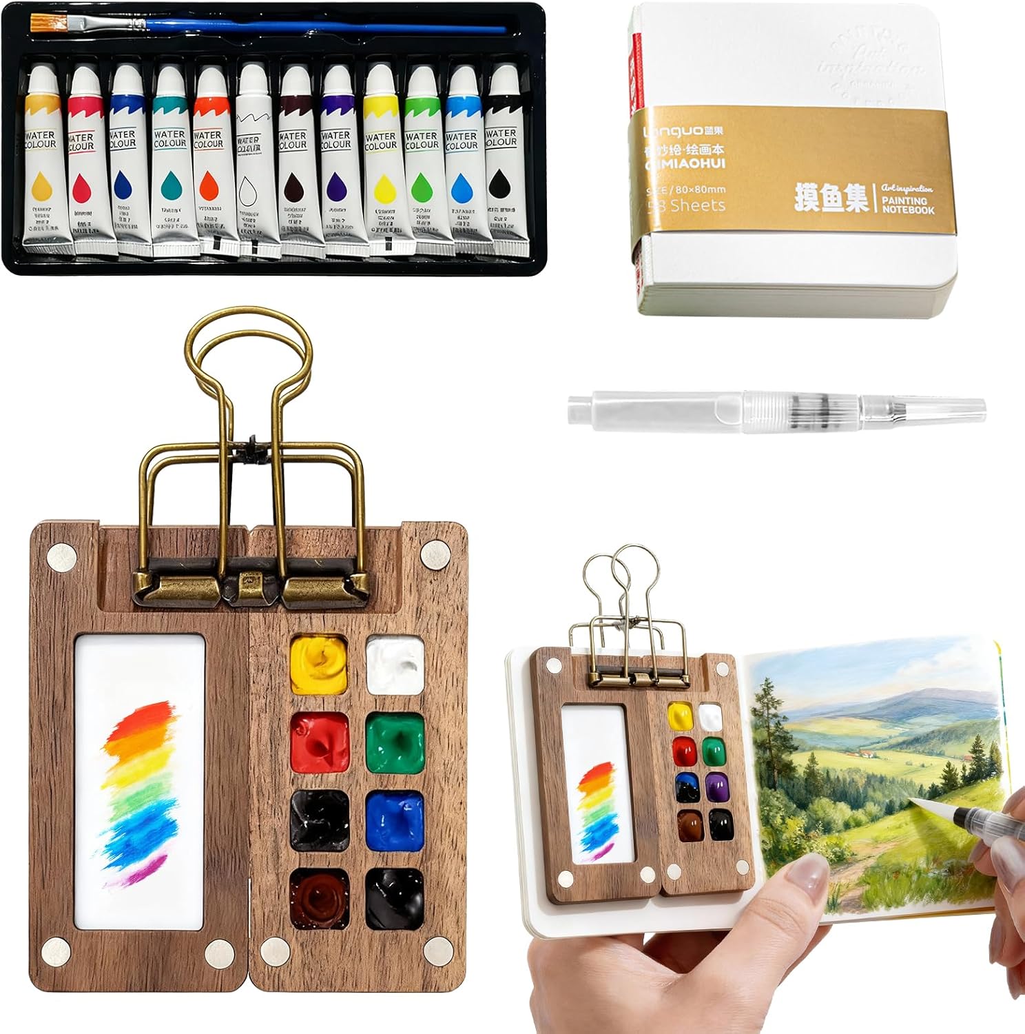 Mini Watercolor Travel Set, 12/24 Color Pocket Painting Kit with Wooden Palette, Watercolor Sketchbook & Pen, All-in-One Portable Art Supplies for Artists & Travel Journaling