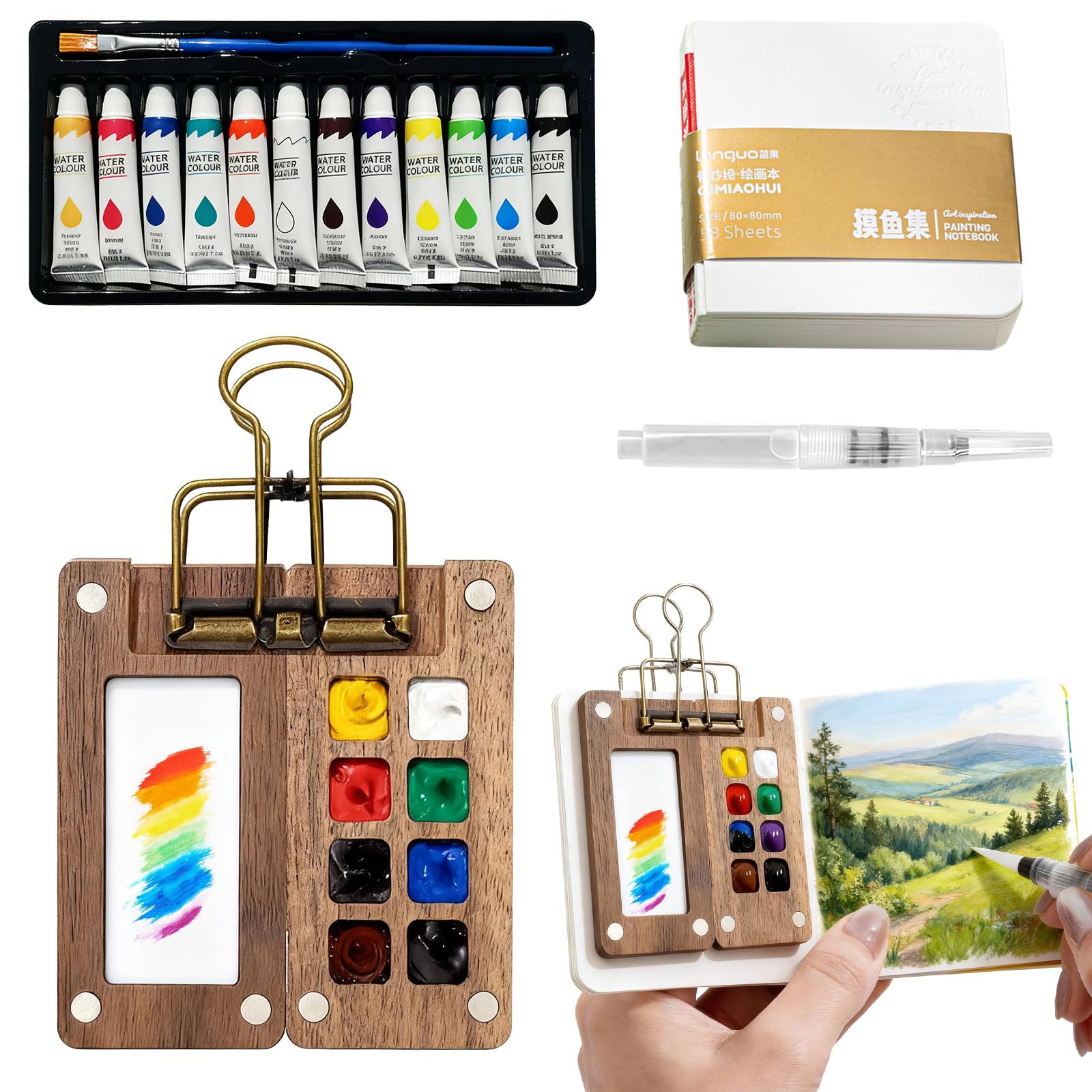 Kit de pintura de bolsillo para pintar al aire libre con paleta de madera y mini cuaderno