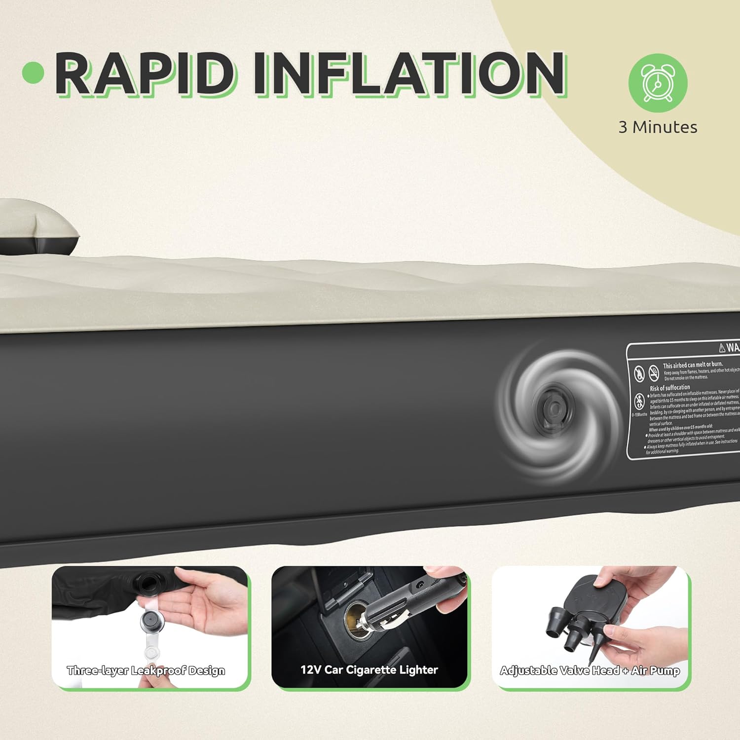 GOOBED Inflatable Truck Bed Air Mattress for 5.5-5.8 ft Short Beds, Portable Car Camping Mattress with Pump, Pillows & Carry Bag for Travel, Outdoor & Road Trips, Black & Gray