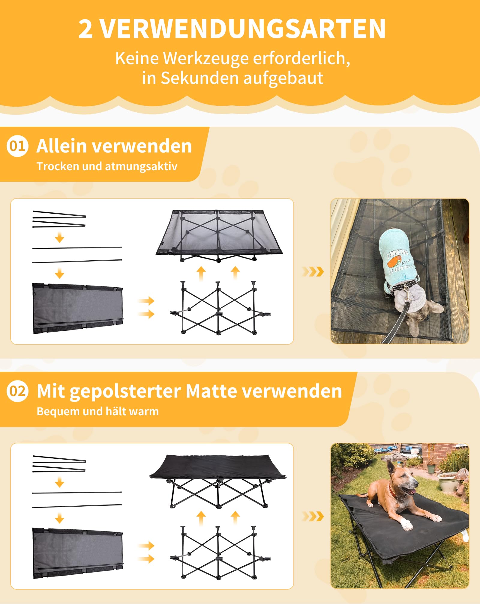 KingCamp Erhöhtes Hundebett Hundeliege Outdoor Haustierbett Haustierliege Atmungsaktivem Mesh & Wildledermatte & Rutschfesten Füßen für Reisen Garten Outdoor Indoor, Schwarz 121 × 68 × 30 cm