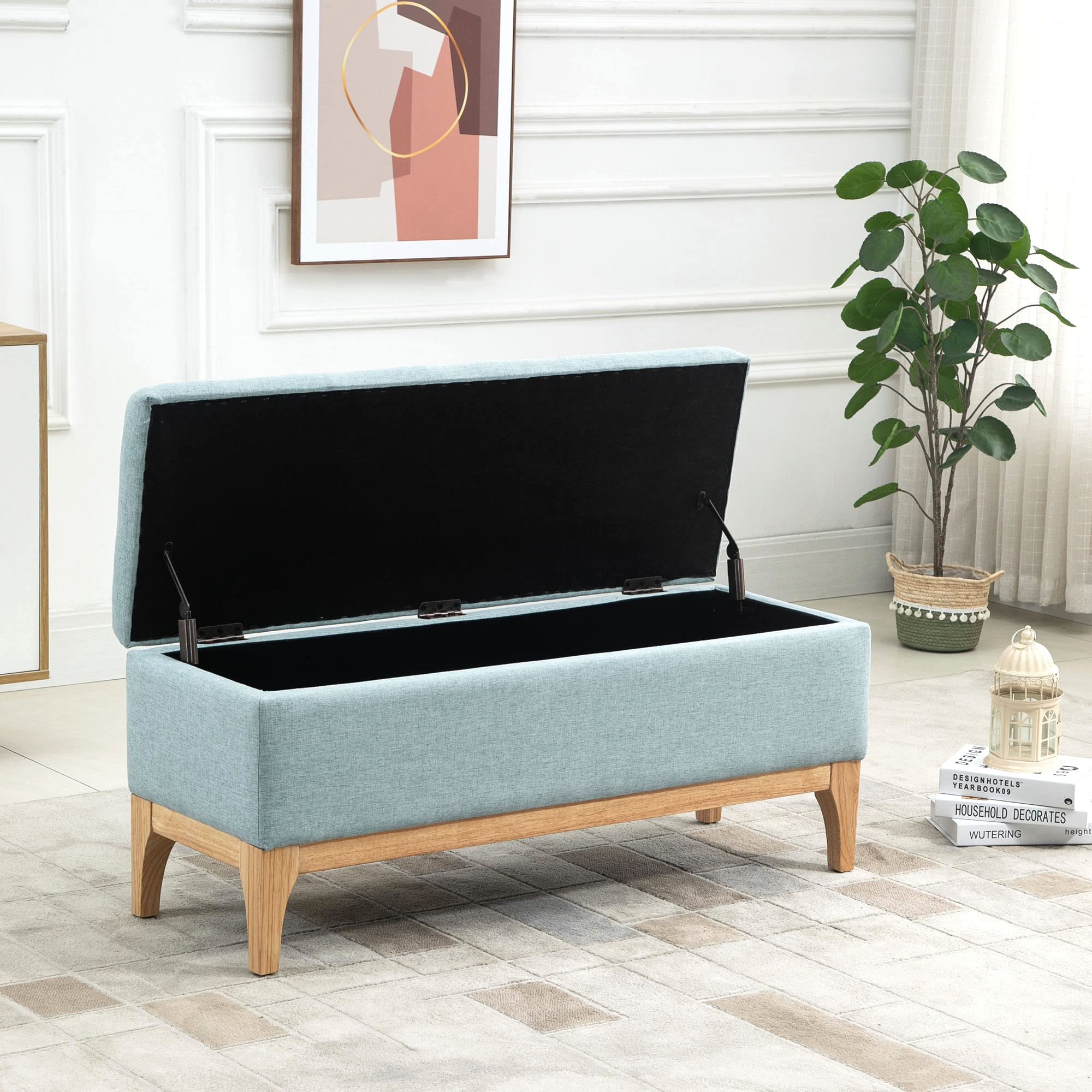 HOMCOM Baúl de Almacenaje para Dormitorio 72L Puff Almacenaje Tapizado en Lino Banco de Almacenaje con Patas de Madera y Almohadillas Ajustables para Entrada Salón 110x39x45 cm Gris Azulado
