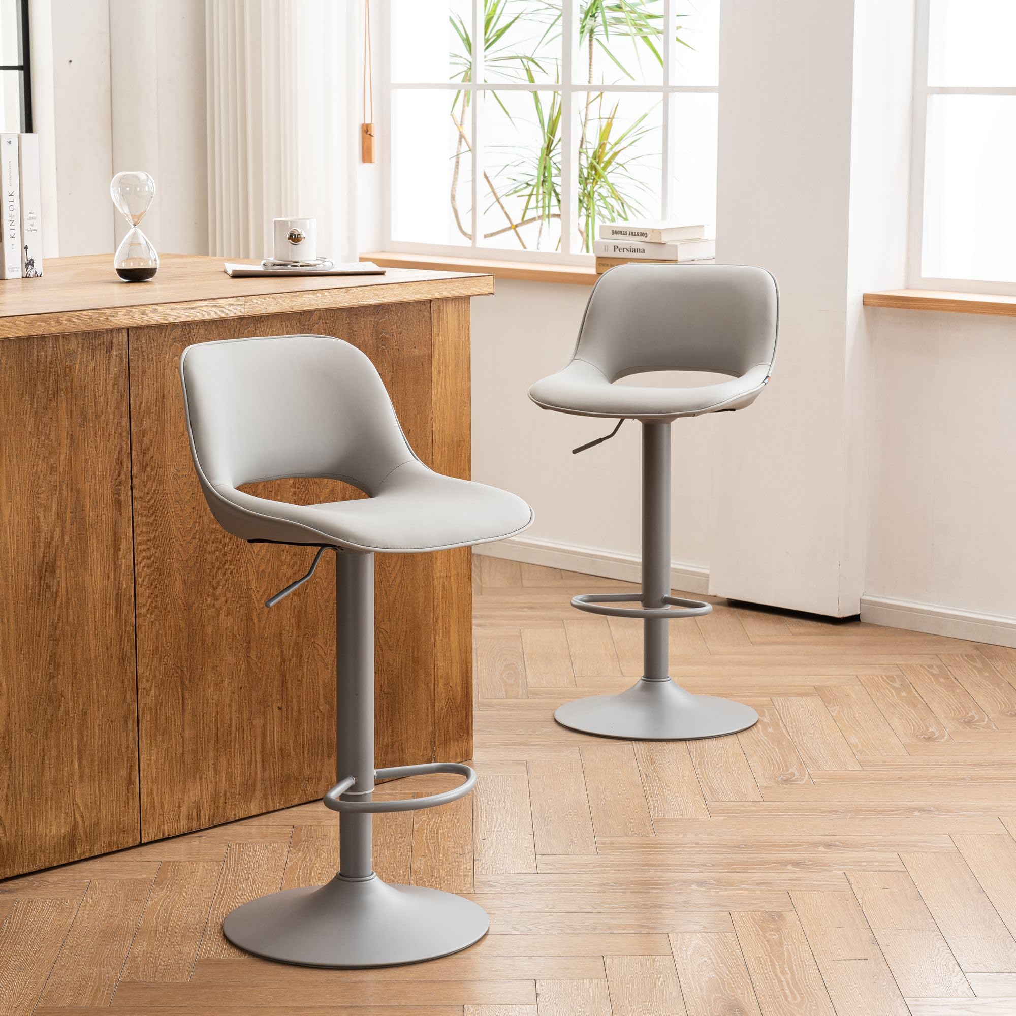 YOUNIKE Taburetes de Bar Juego de 2 Giratorios con Altura Ajustable, Taburetes de Cocina con Acolchado Suave, Taburetes de Mostrador con Respaldo Hueco, Taburete Alta de Bar, Todo Gris
