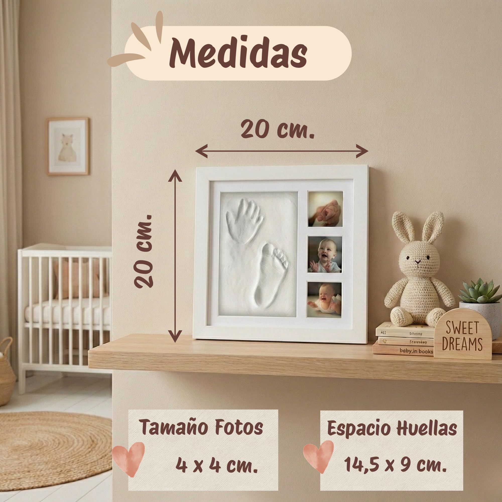 LUMS Marco Huellas Bebé Recién Nacido - Kit de Huella con Arcilla Flexible que No se Agrieta - Madera Blanca de excelente acabado, Regalo Bebé Recién Nacido Original