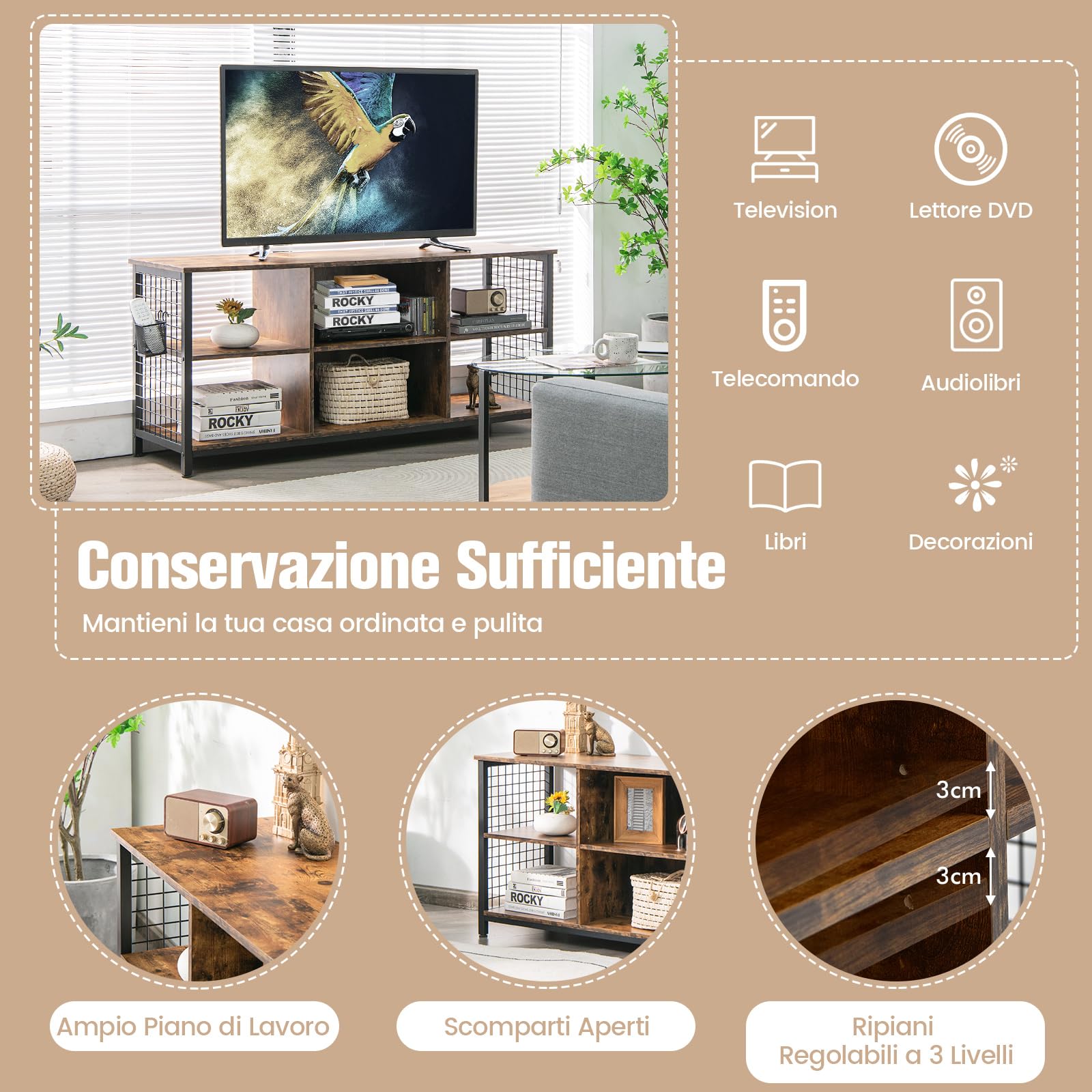 COSTWAY Mobile TV Industriale Fino a 65", Tavolo Multimediale a 3 Ripiani con Cesto Portaoggetti, Mobile TV in Legno con 2 Fori per La Gestione dei Cavi, 140 x 40 x 63 cm