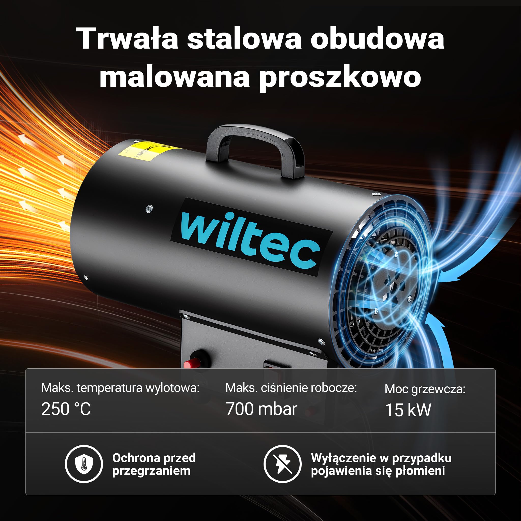 Wiltec Nagrzewnica gazowa 15 kW, przemysłowa dmuchawa do dużych powierzchni, ogrzewacz gazowy z piezoelektrycznym zapłonem, nagrzewnica budowlana