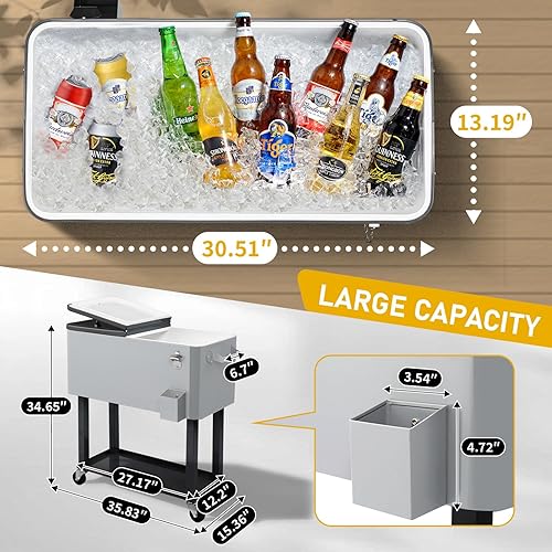 Miniatura 2 de Outvita 80 Quart Rolling Ice Chest, Portable Bar Drink Cooler with Catch Basin, Bottom Storage Tray and Bottle Opener for Patio Party BBQ Beach Negro