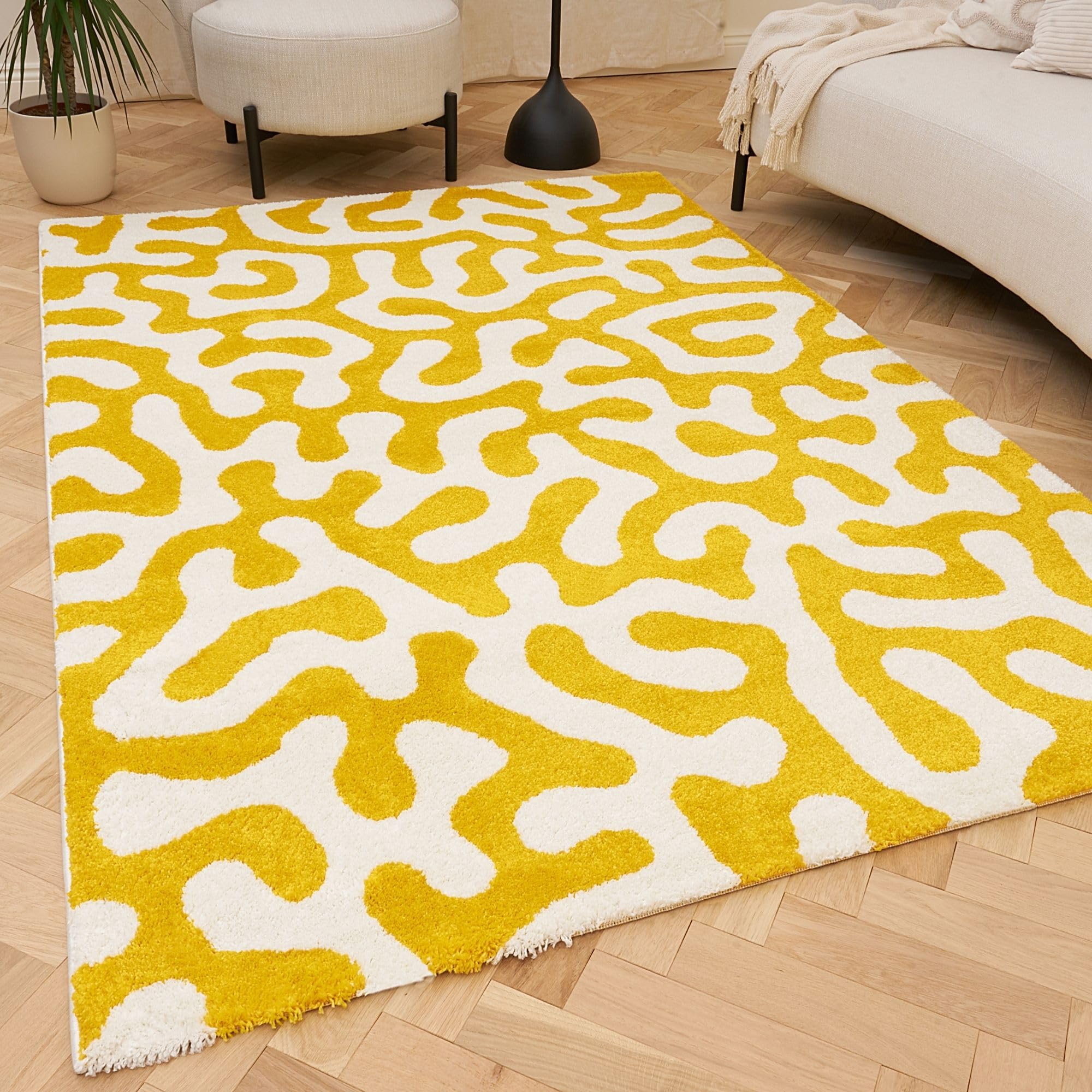 THE RUGS Joli Area Rug - Soft Dense Pile Modern Artistic Design, Durable & Easy Care Carpet for Living Room & Bedroom - Doodle Yellow & White, 120 x 170 cm