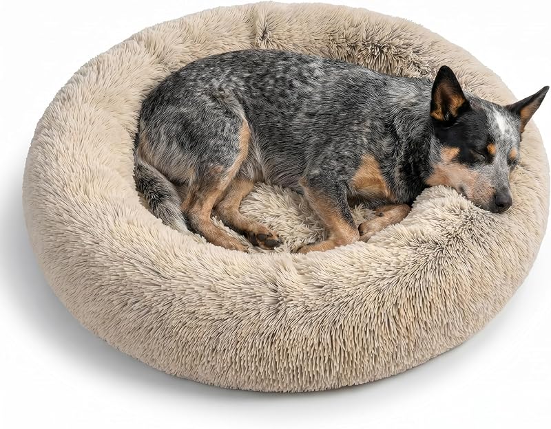 Cama Redonda Donut para Cães e Gatos Best Friends by Sheri, Pelúcia Shag, Taupe, Tamanho Médio, 76,2 cm