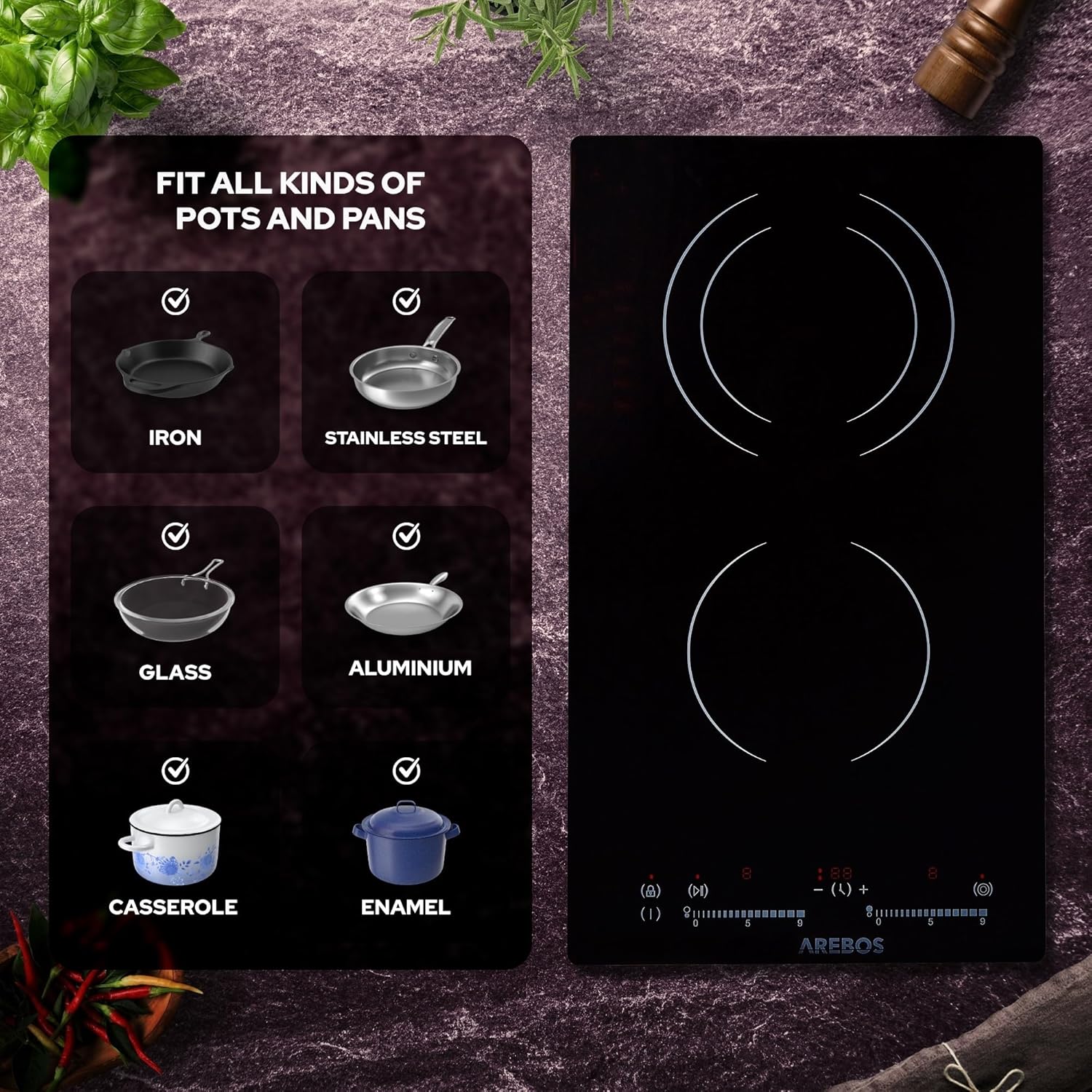 Diagram showing various types of compatible cookware for the Arebos ceramic hob, including iron, stainless steel, glass, aluminum, casserole, and enamel