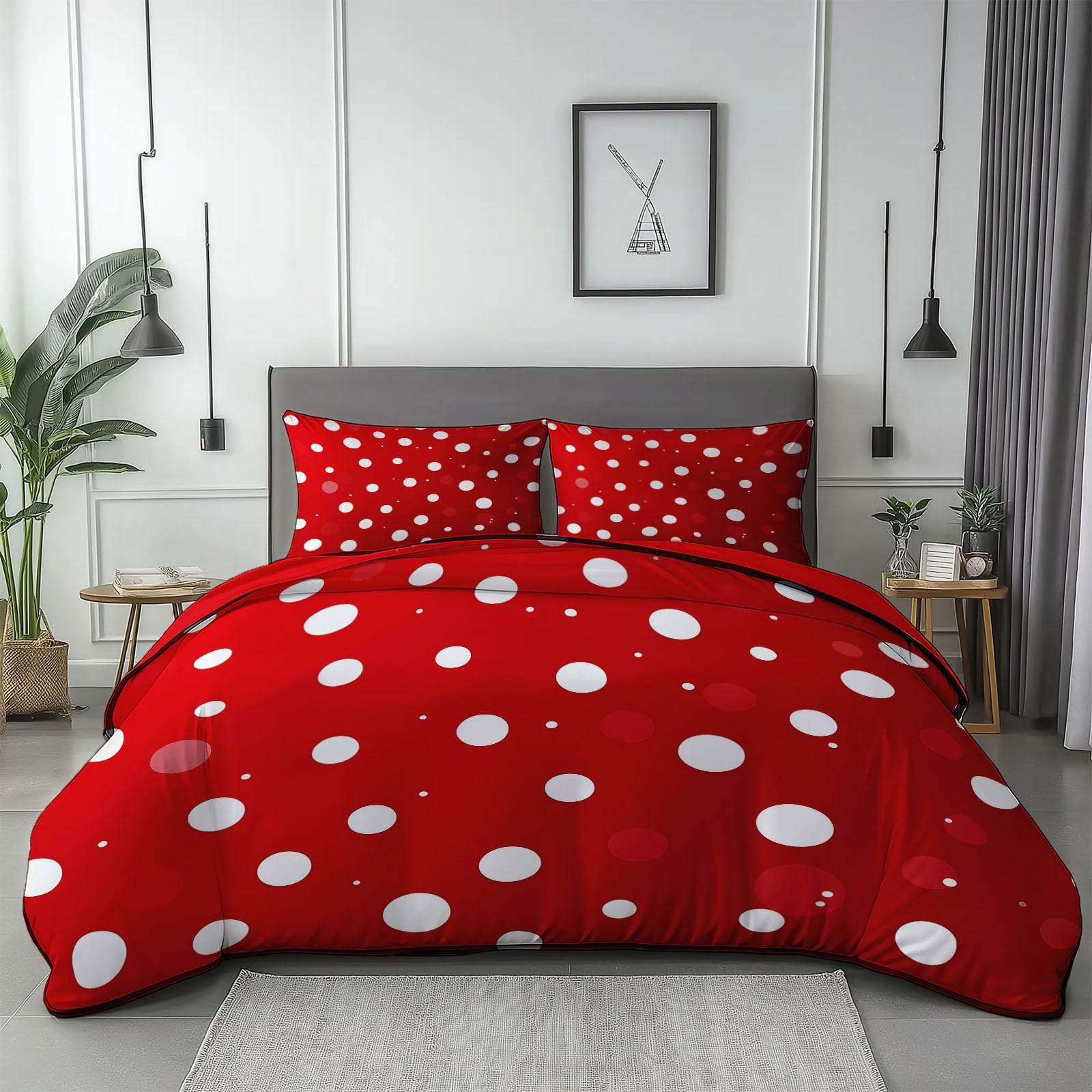 Poszwa na kołdrę 240x260 cm z mikrofibry, pojedynczy zestaw pościeli z geometrycznymi kółkami z 2 czerwonymi poszewkami na poduszki z nadrukiem Dwustronna poszwa na kołdrę na 4 pory roku