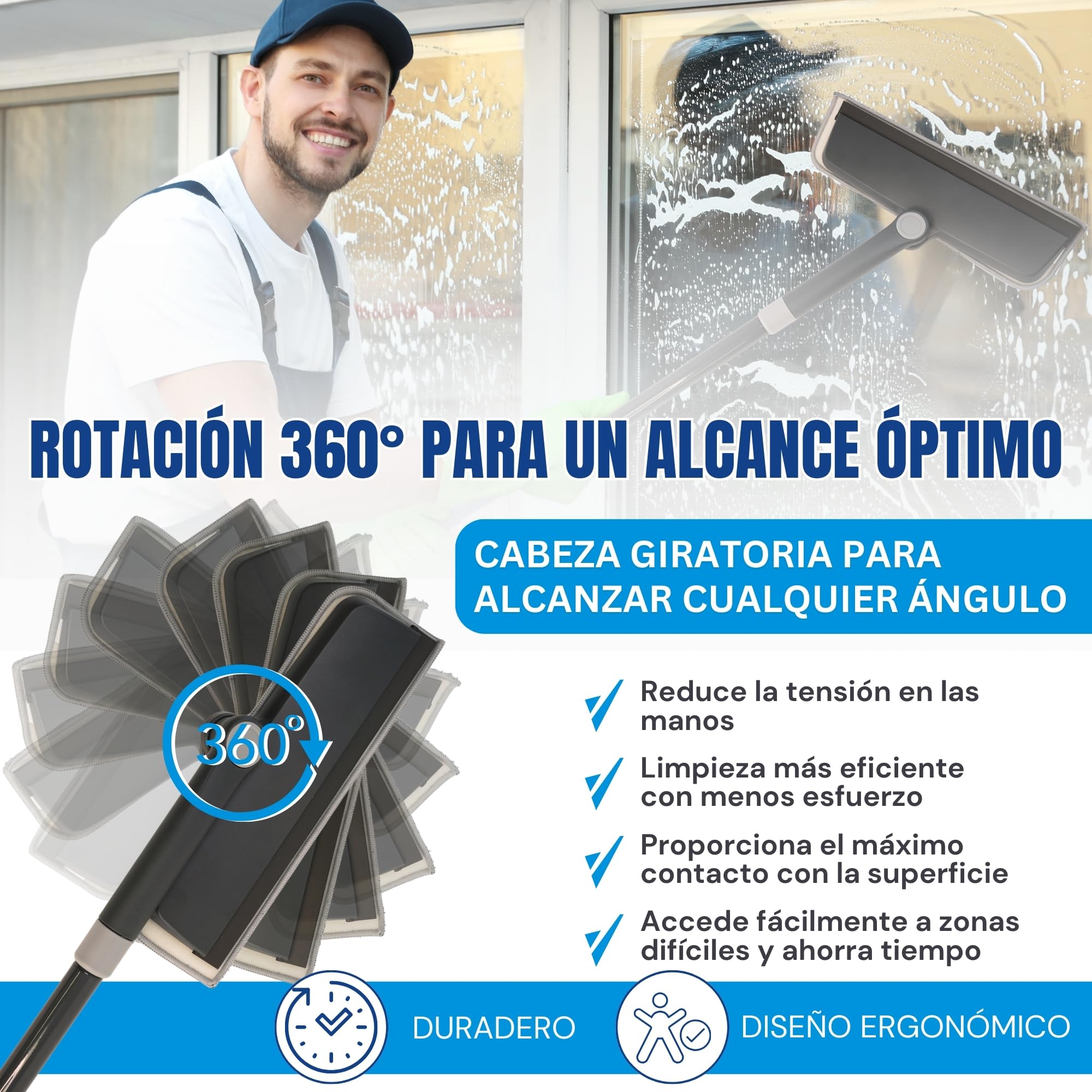 DAVAY Limpia Cristales 2 en 1 - Cabezal Giratorio 360º y Mango Desmontable - Ideal para Limpiar Cristales por Dentro y por Fuera -Limpiador Extensible 135cm de Largo - Adecuado para Vidrios y Espejos